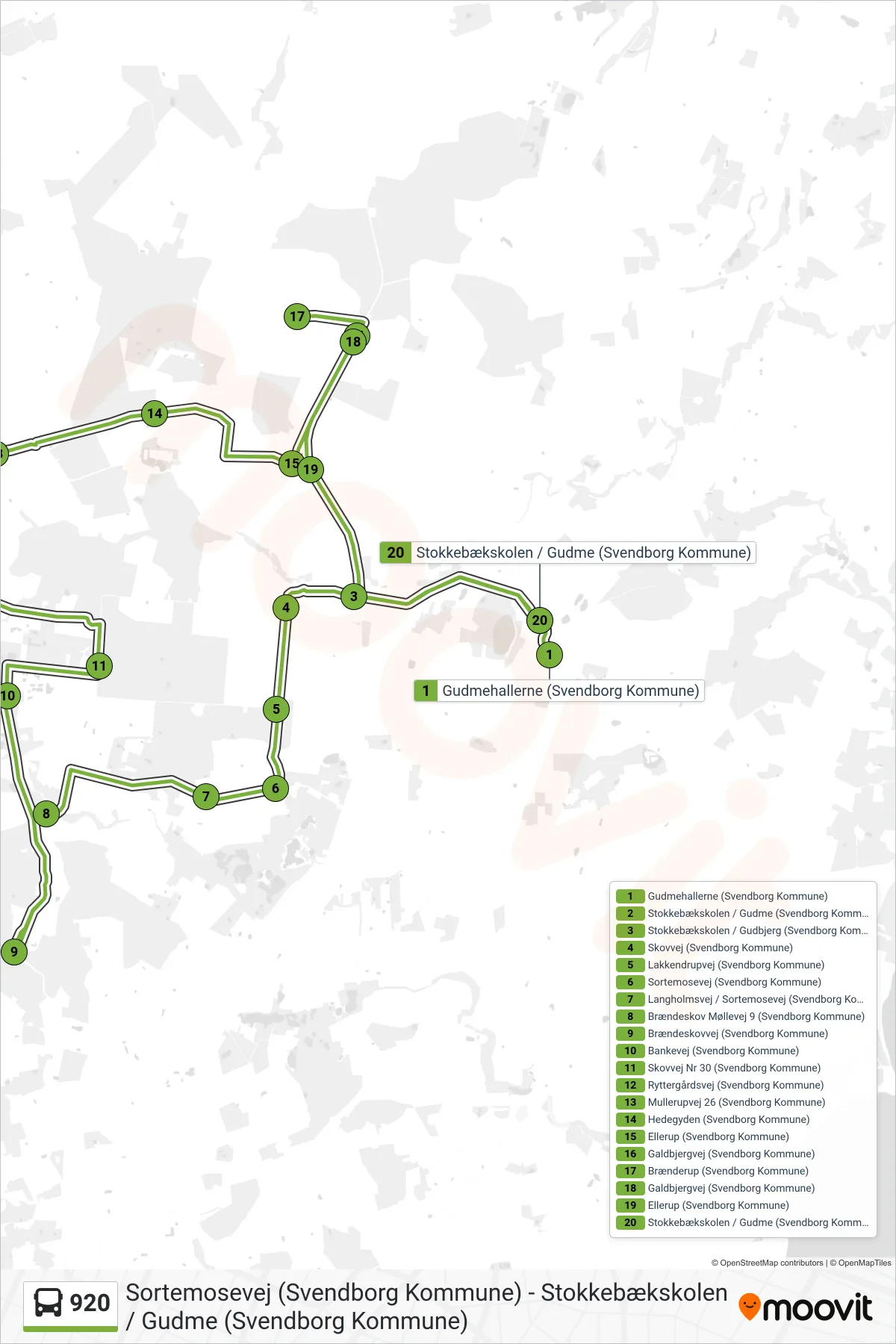 920 bus Linje (Gudme) rute og stop på et kort
