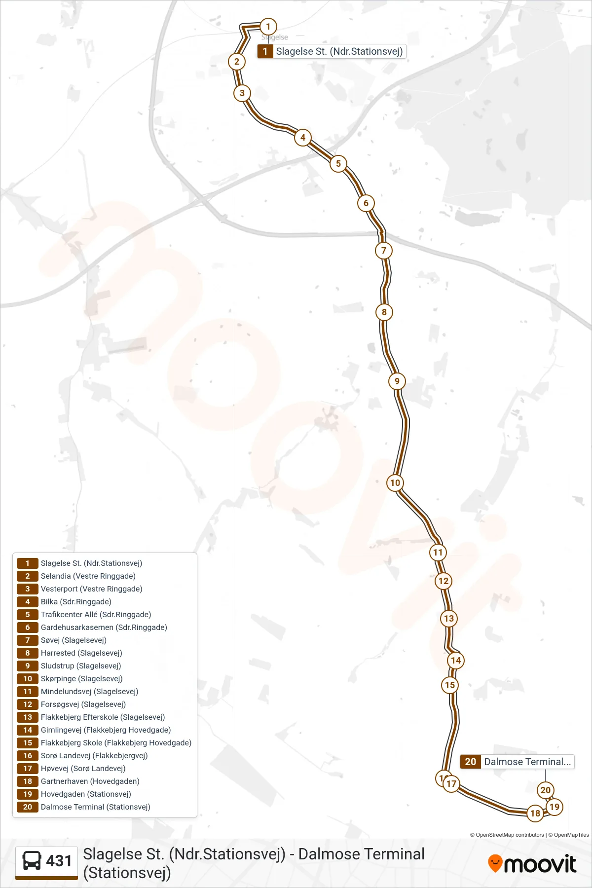431 bus Linje (Dalmose Terminal) rute og stop på et kort