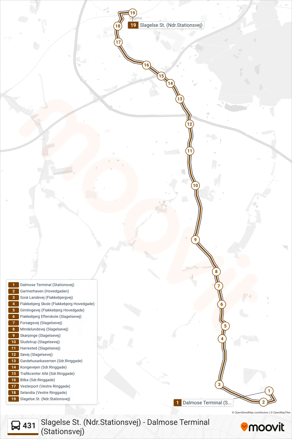 431 bus Linje (Slagelse St.) rute og stop på et kort