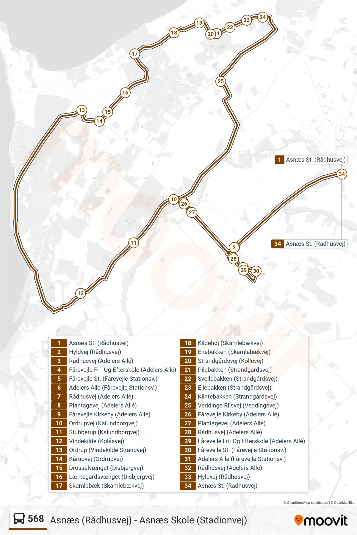 568 bus Linje (Asnæs St. (Rådhusvej)) rute og stop på et kort