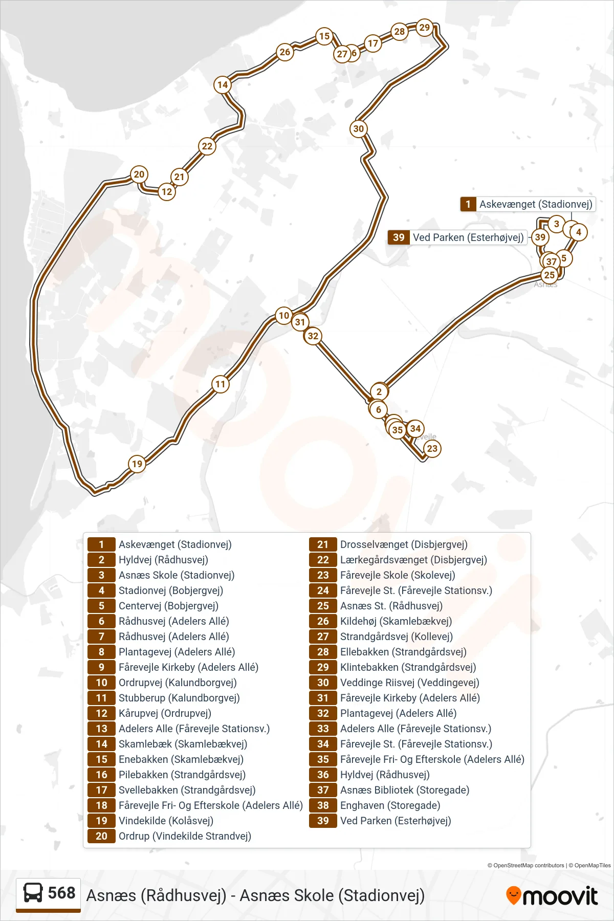 568 bus Linje (Bobjergskolen) rute og stop på et kort