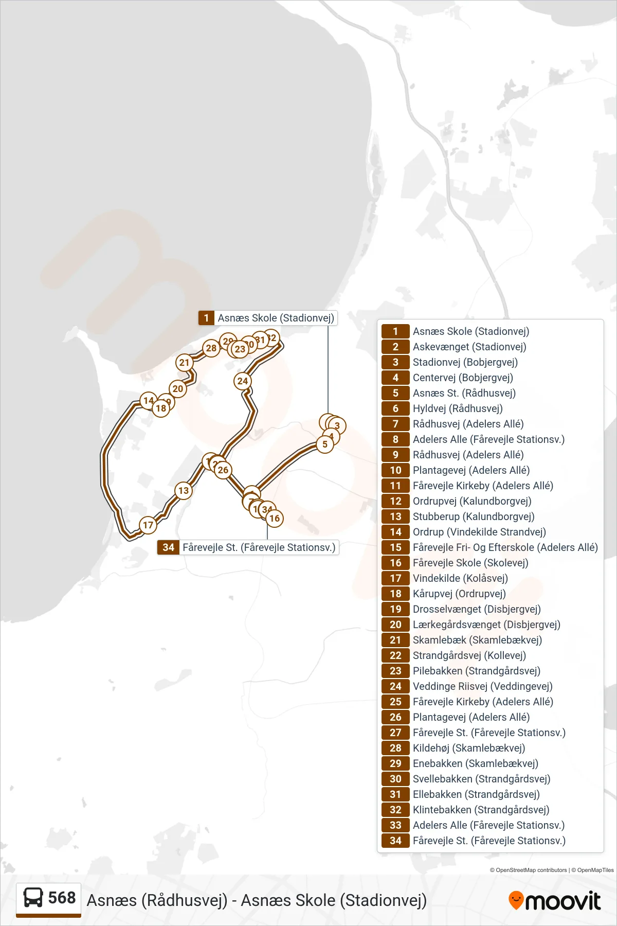 568 bus Linje (Fårevejle St.) rute og stop på et kort