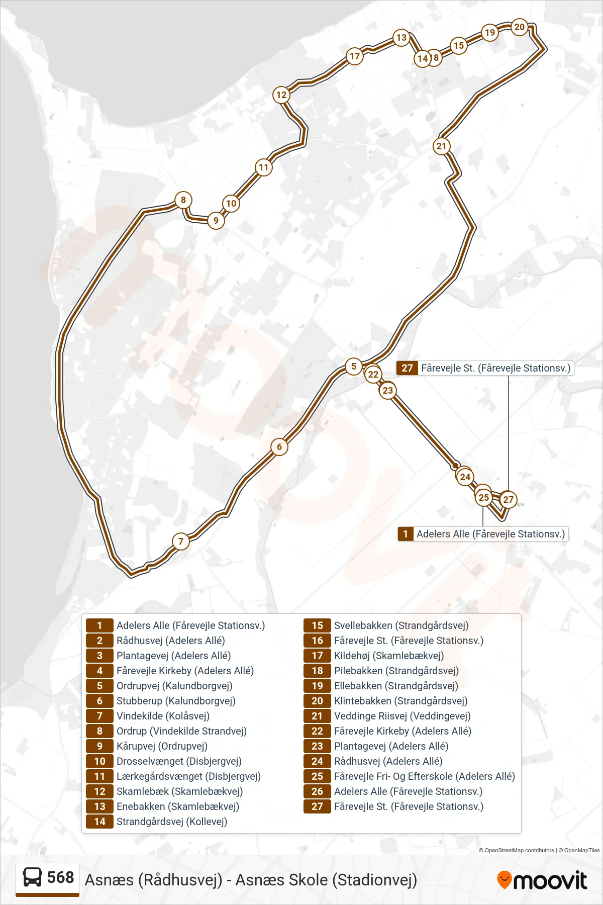 568 bus Linje (Fårevejle St. (Fårevejle Stationsv.)) rute og stop på et kort