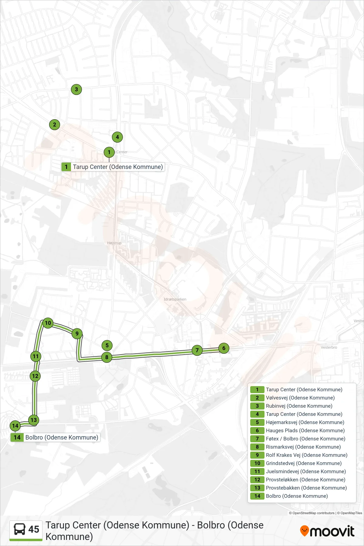 45 bus Linje (Bolbro) rute og stop på et kort