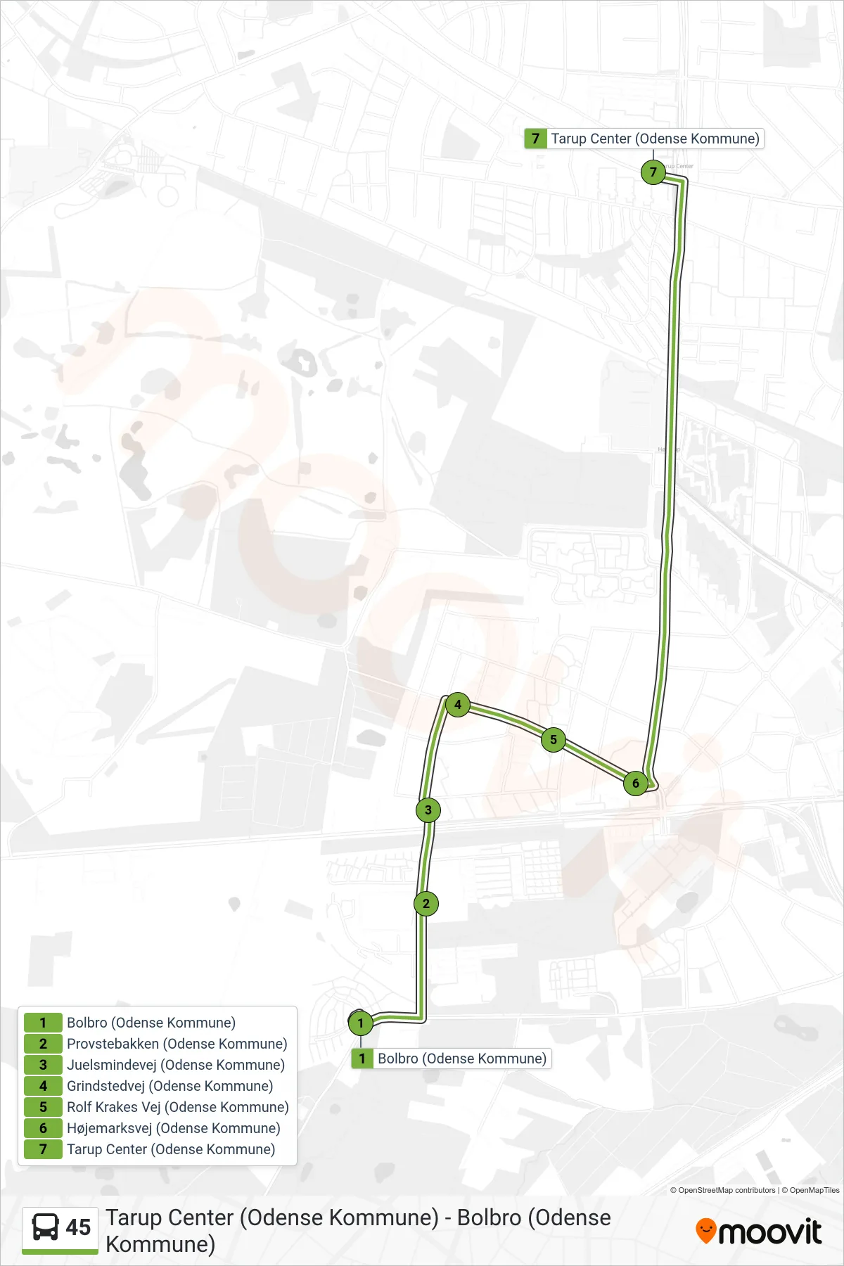 45 bus Line (Tarup Center) route and stops on a map