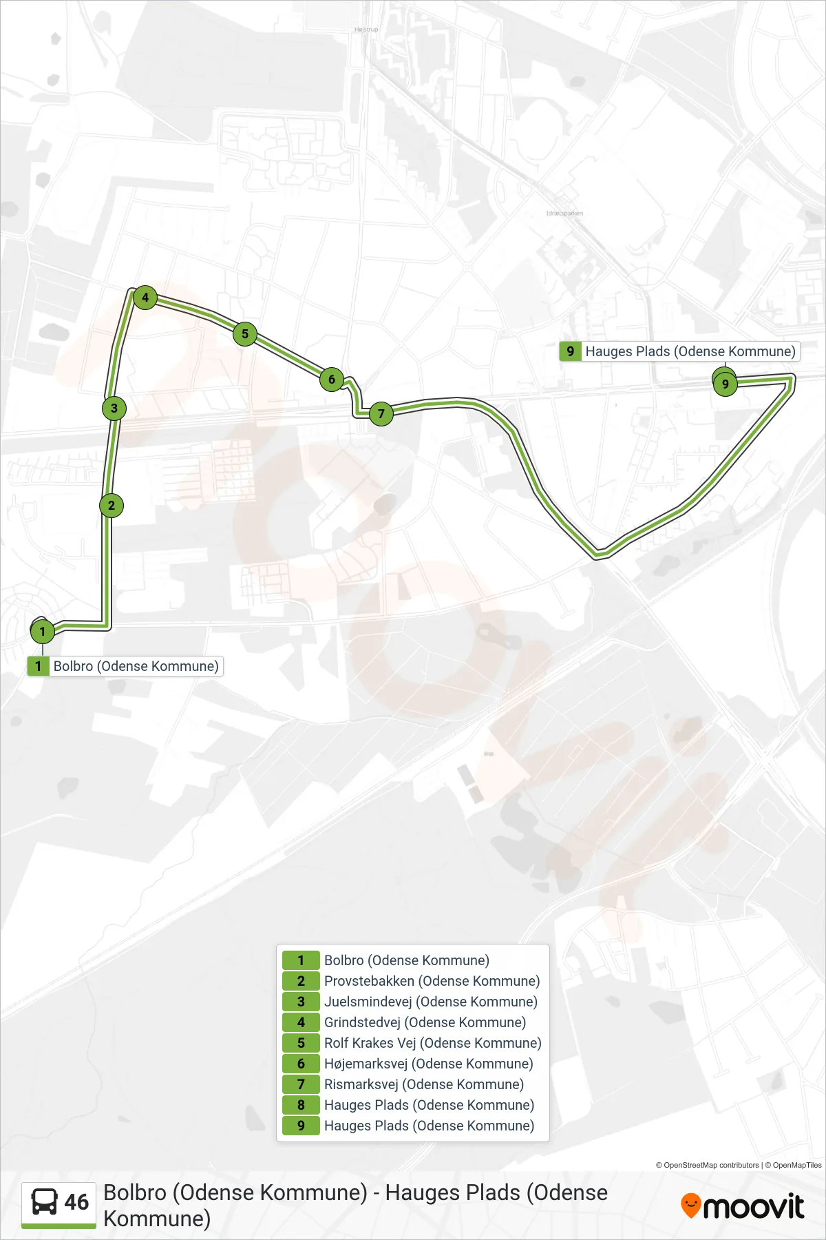 46 bus Linje (Hauges Plads) rute og stop på et kort