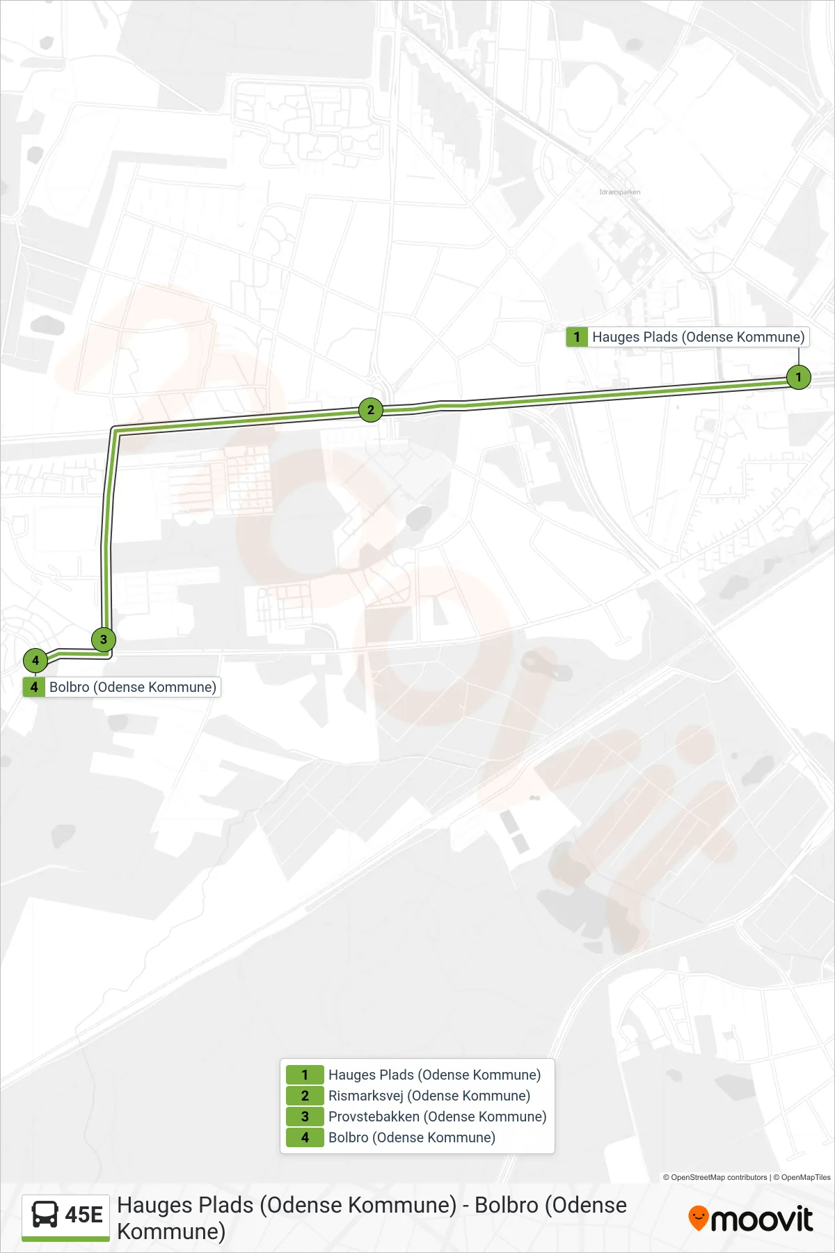 45E bus Linje (Bolbro) rute og stop på et kort