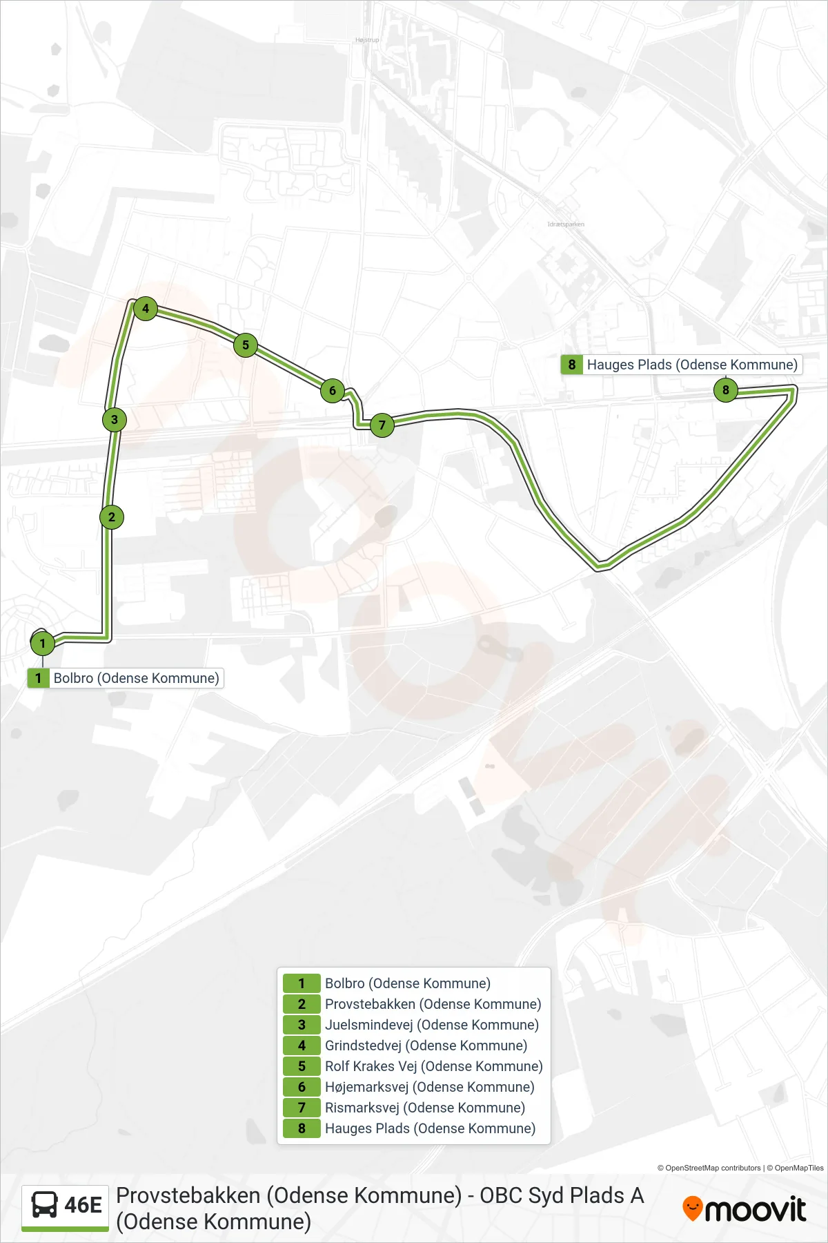 46E bus Linje (Hauges Plads) rute og stop på et kort