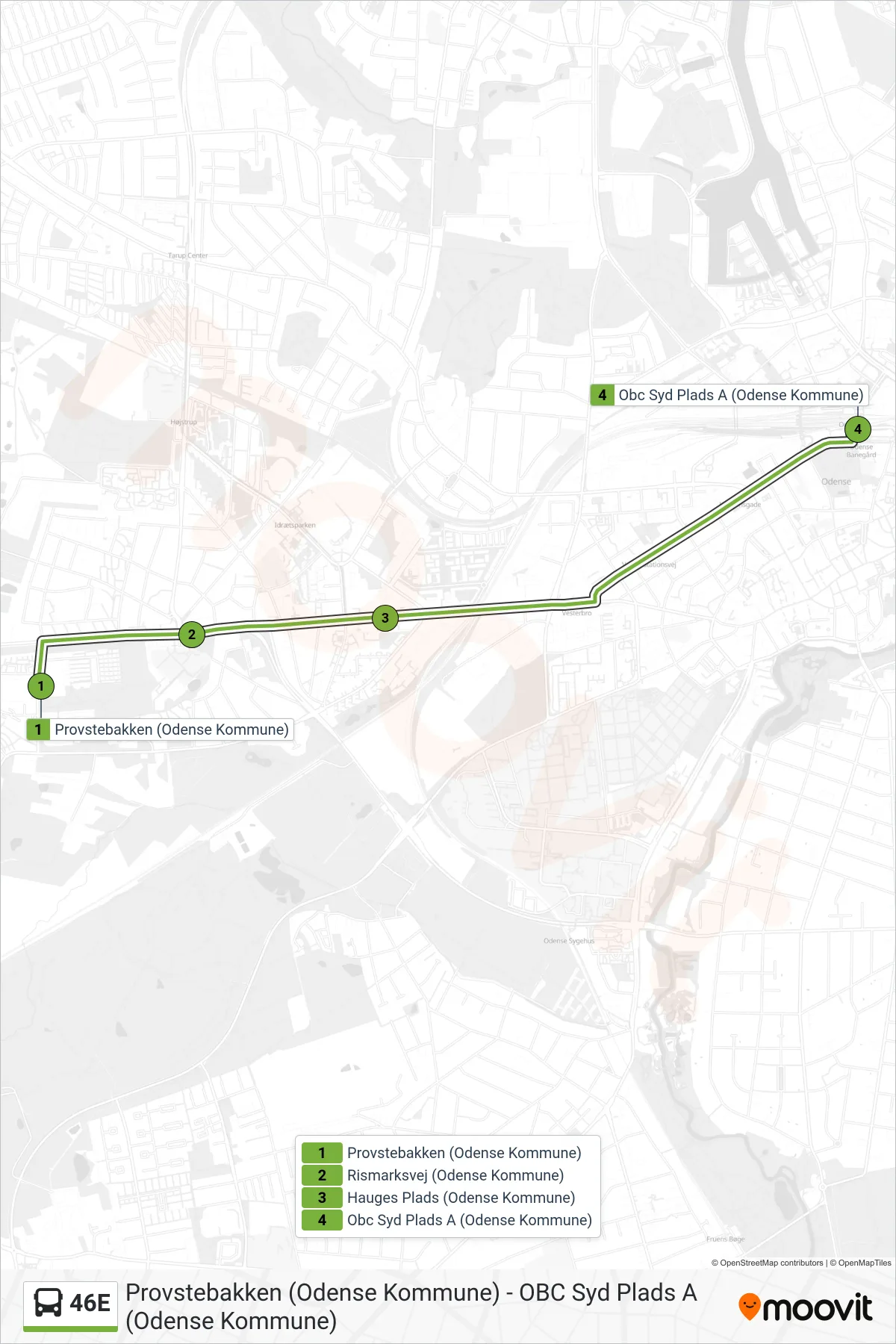 46E bus Linje (Obc Syd) rute og stop på et kort