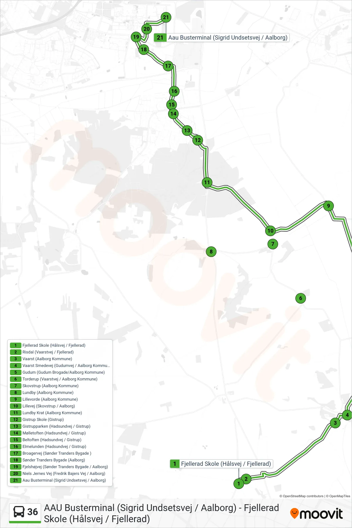 36 bus Line (Universitetet) route and stops on a map