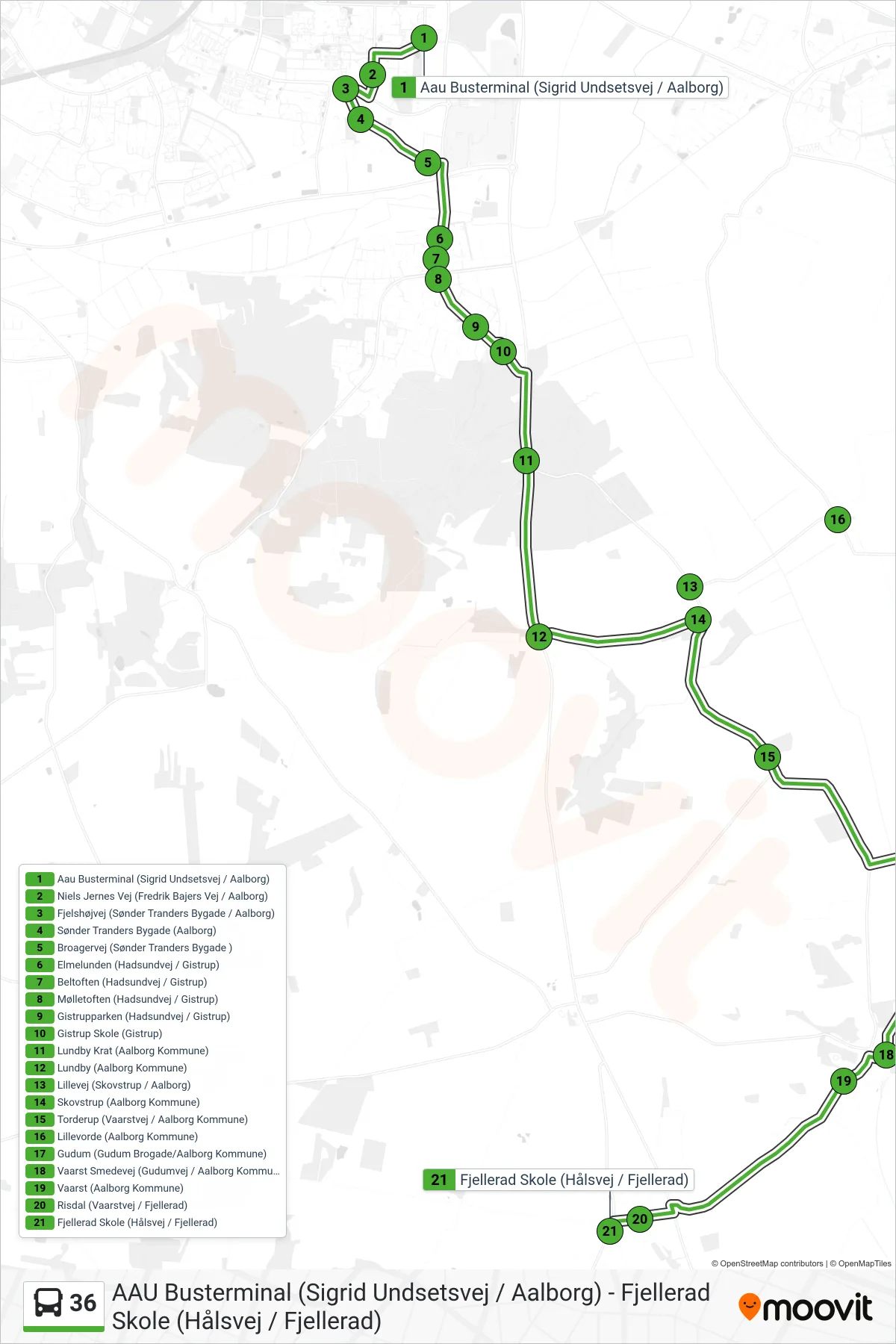 36 bus Linje (Fjellerad) rute og stop på et kort