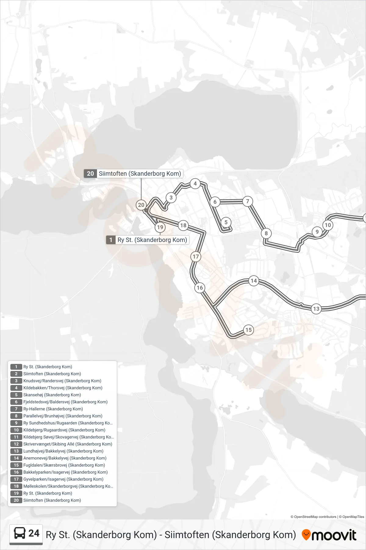 24 bus Linje (Siimtoften (Skanderborg Kom)) rute og stop på et kort