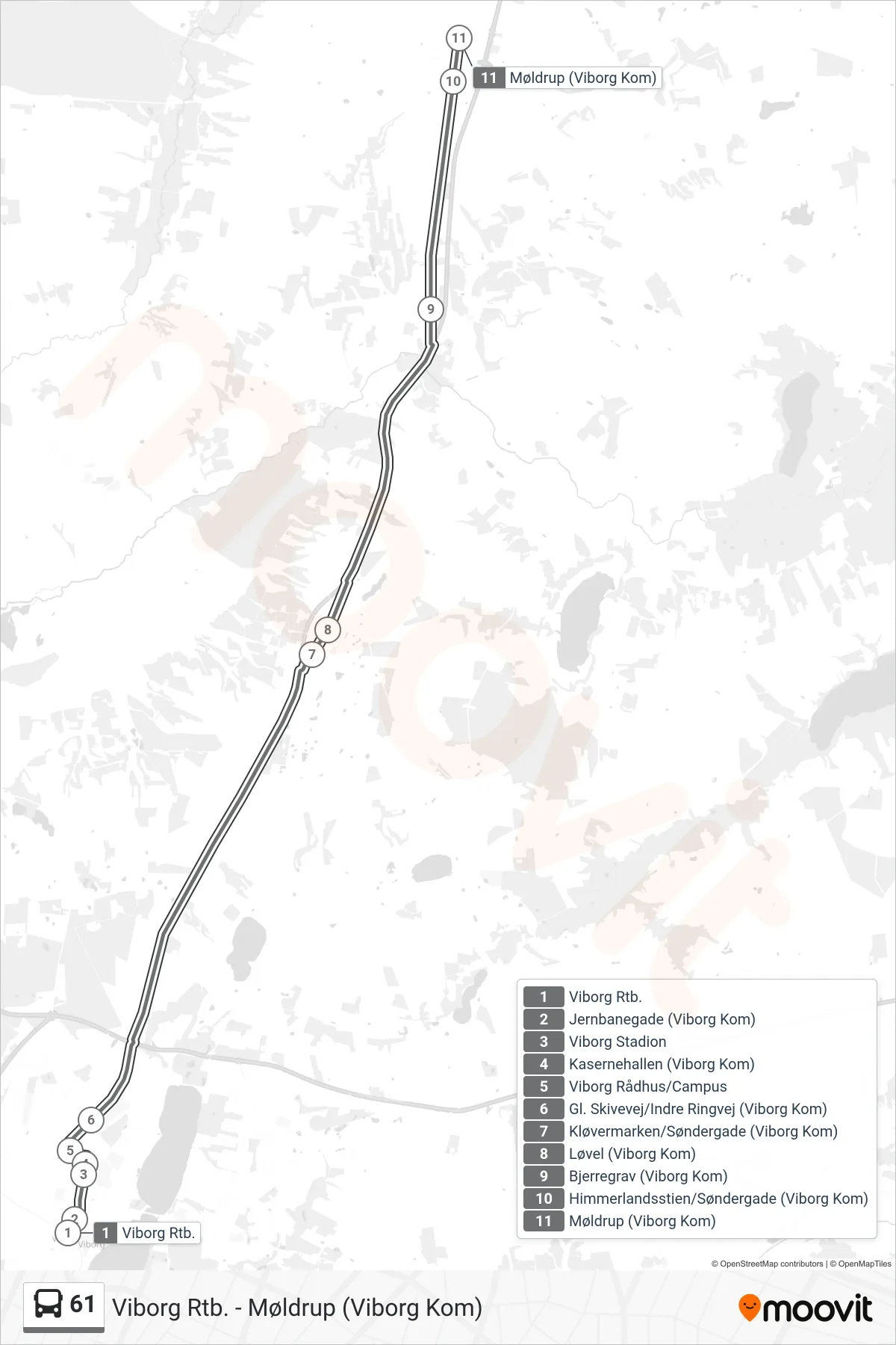 61 bus Linje (Møldrup) rute og stop på et kort