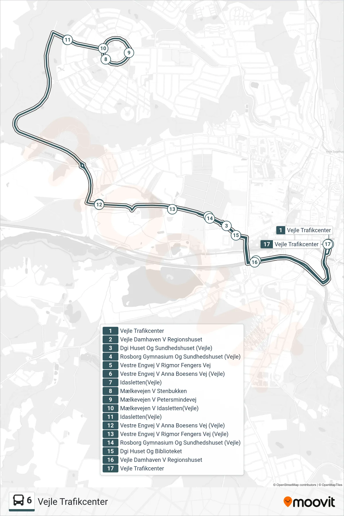 6 bus Linje (Vejle Trafikcenter) rute og stop på et kort