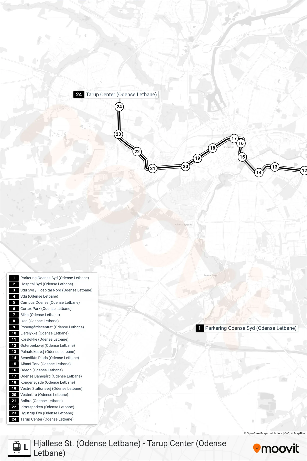 L bybane Linje (Tarup Center (Odense Letbane)) rute og stop på et kort