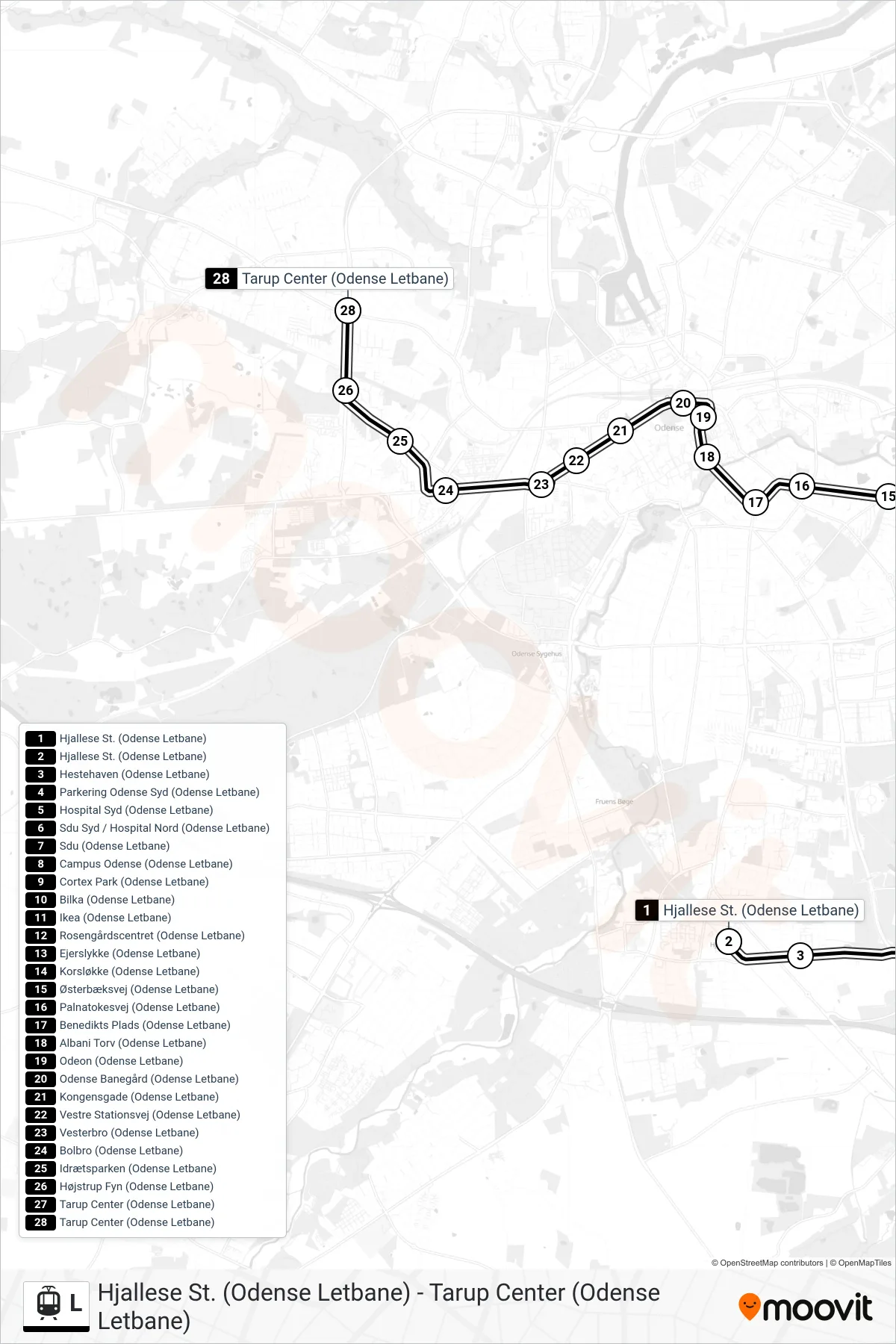 L bybane Linje (Tarup Center) rute og stop på et kort