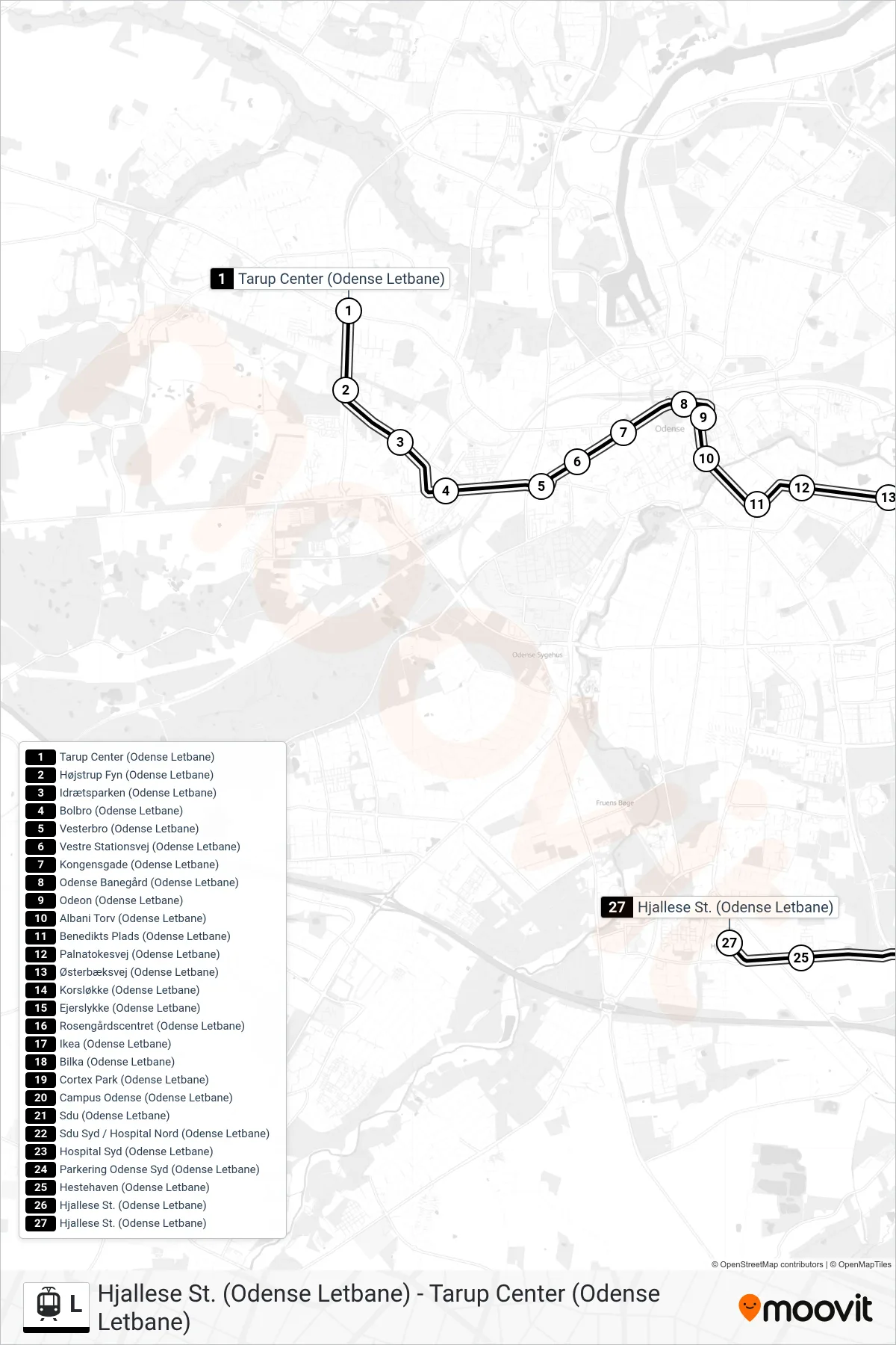 L bybane Linje (Hjallese St.) rute og stop på et kort