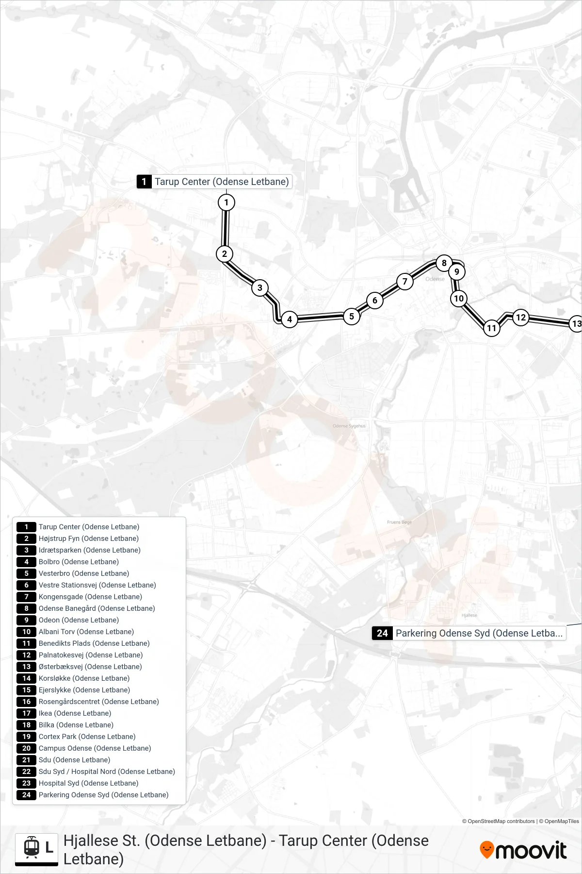 L light rail Line (Parkering Odense Syd) route and stops on a map