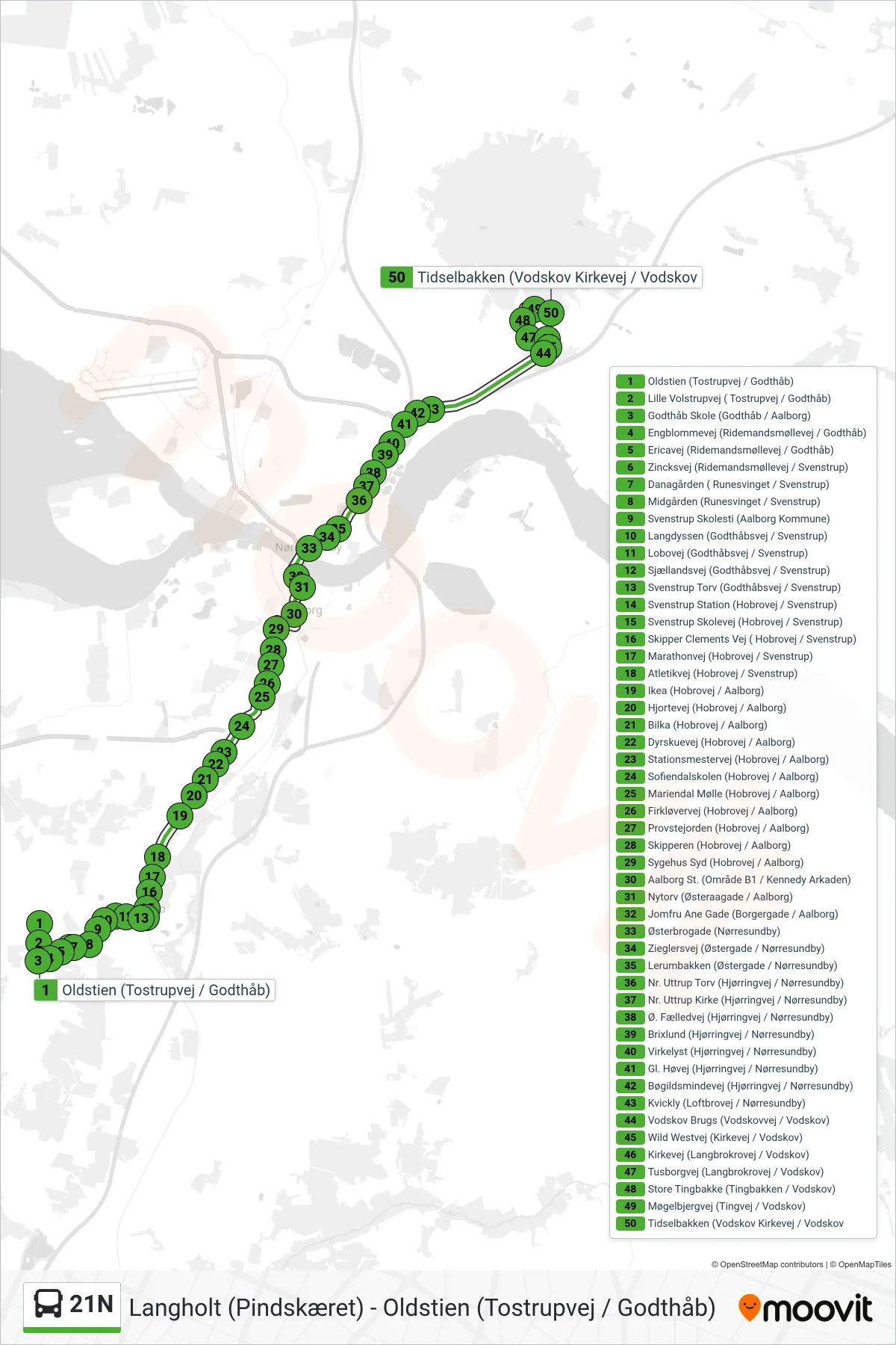 21N bus Linje (Vodskov) rute og stop på et kort