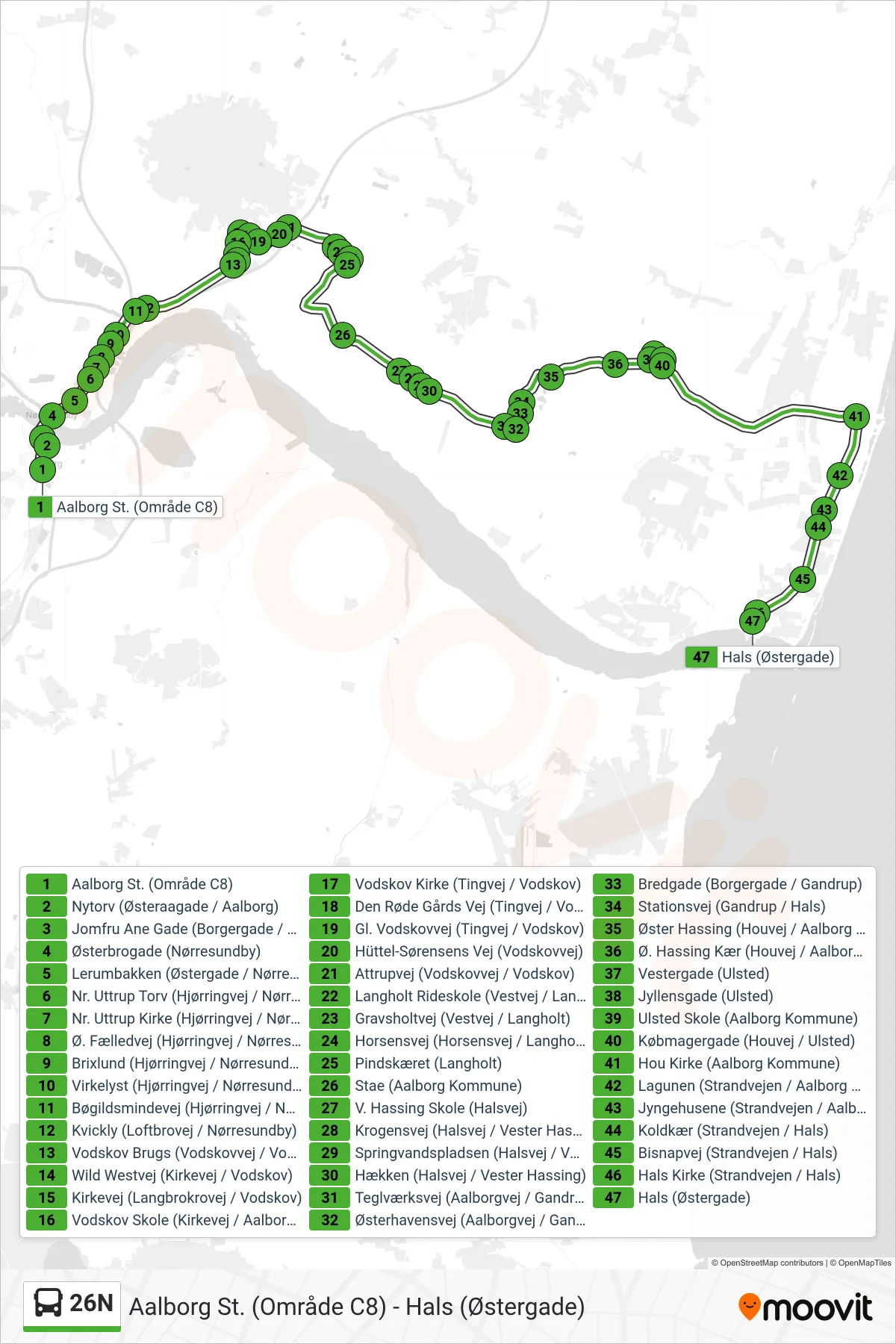 26N bus Linje (Hals) rute og stop på et kort