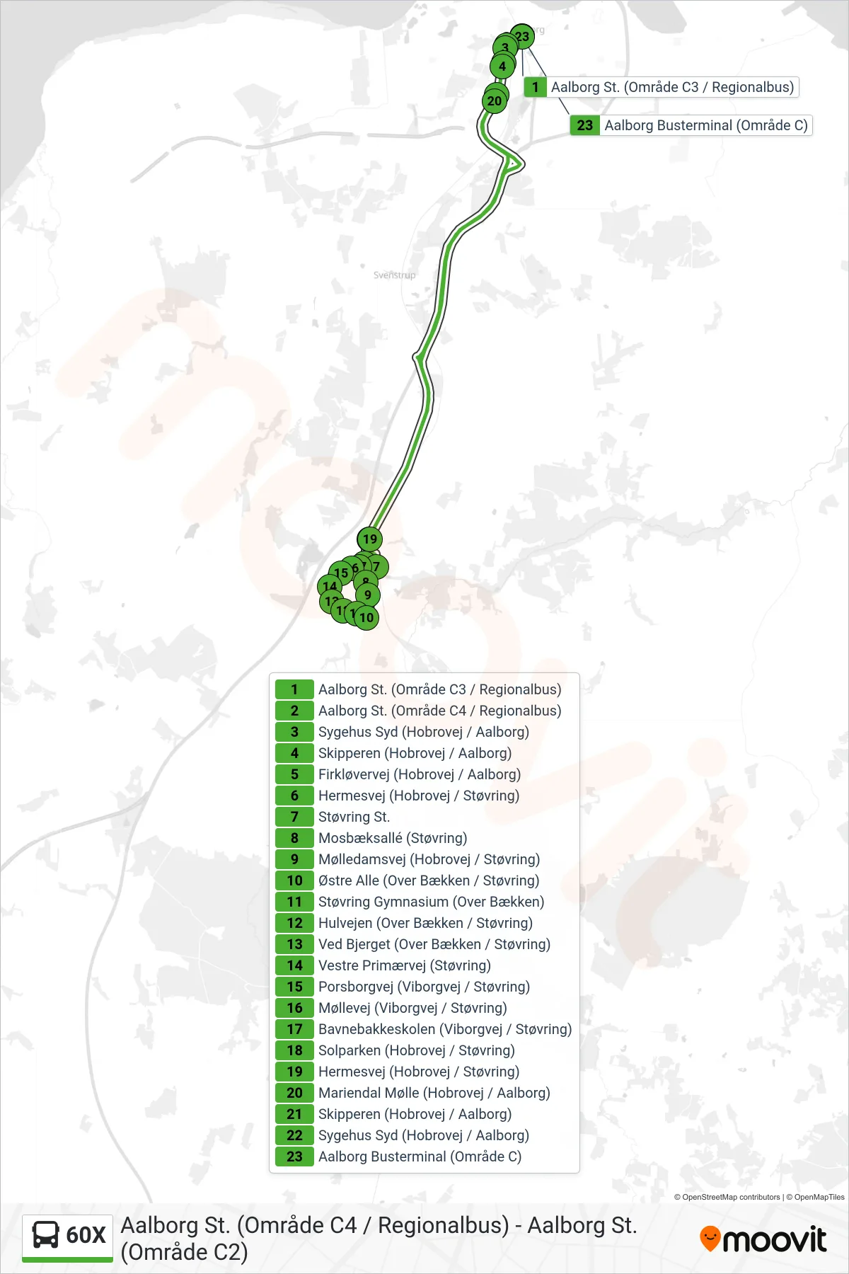 60X bus Linje (Aalborg St. (Område C2)) rute og stop på et kort