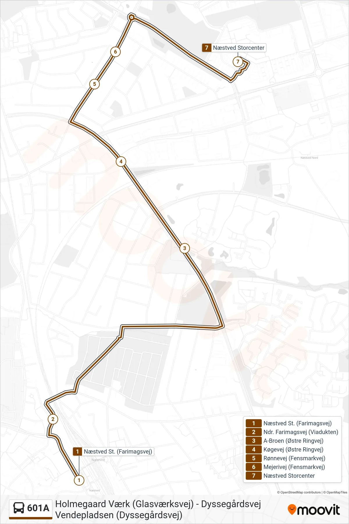 601A bus Linje (Storcenter) rute og stop på et kort