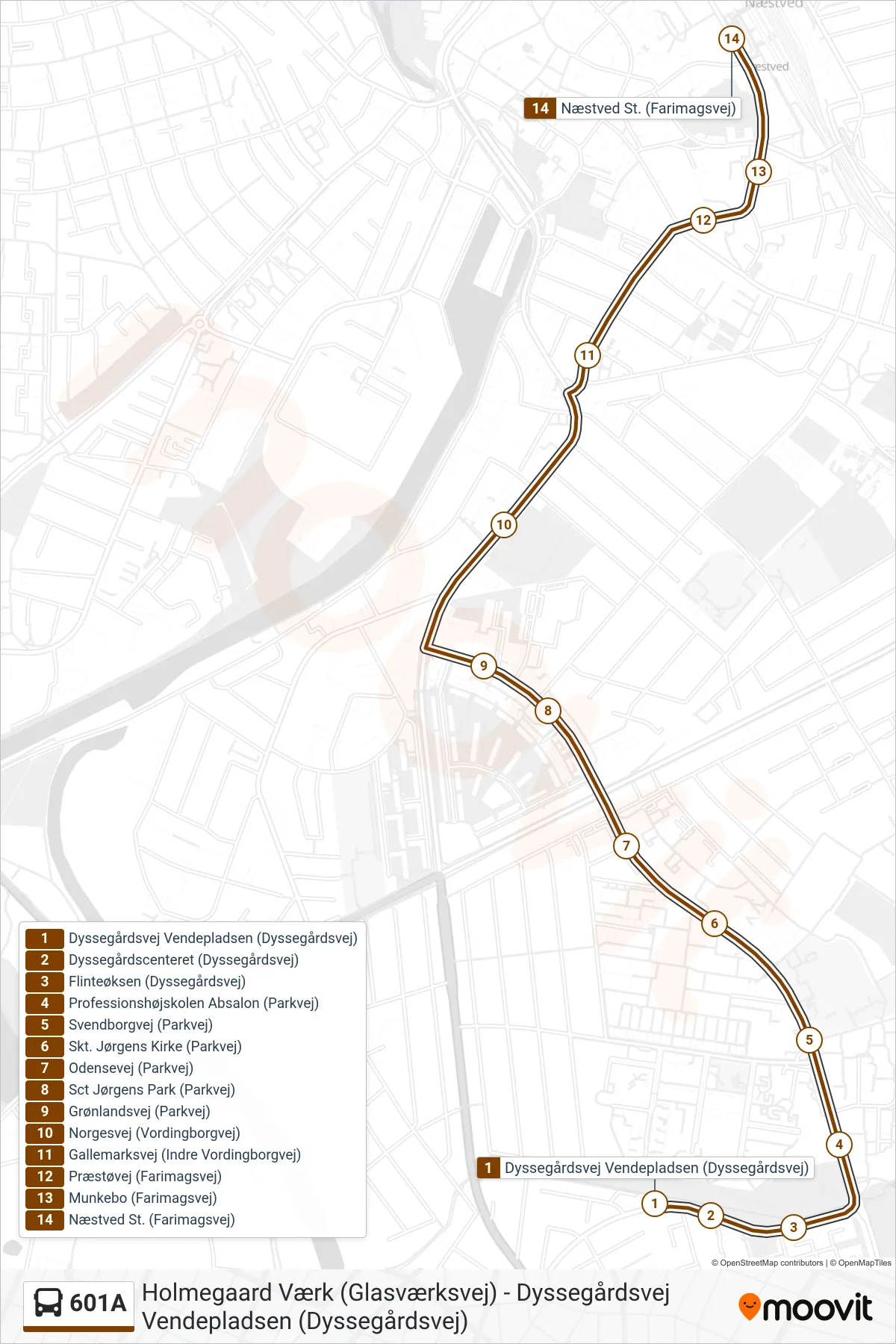 601A bus Linje (Næstved St.) rute og stop på et kort