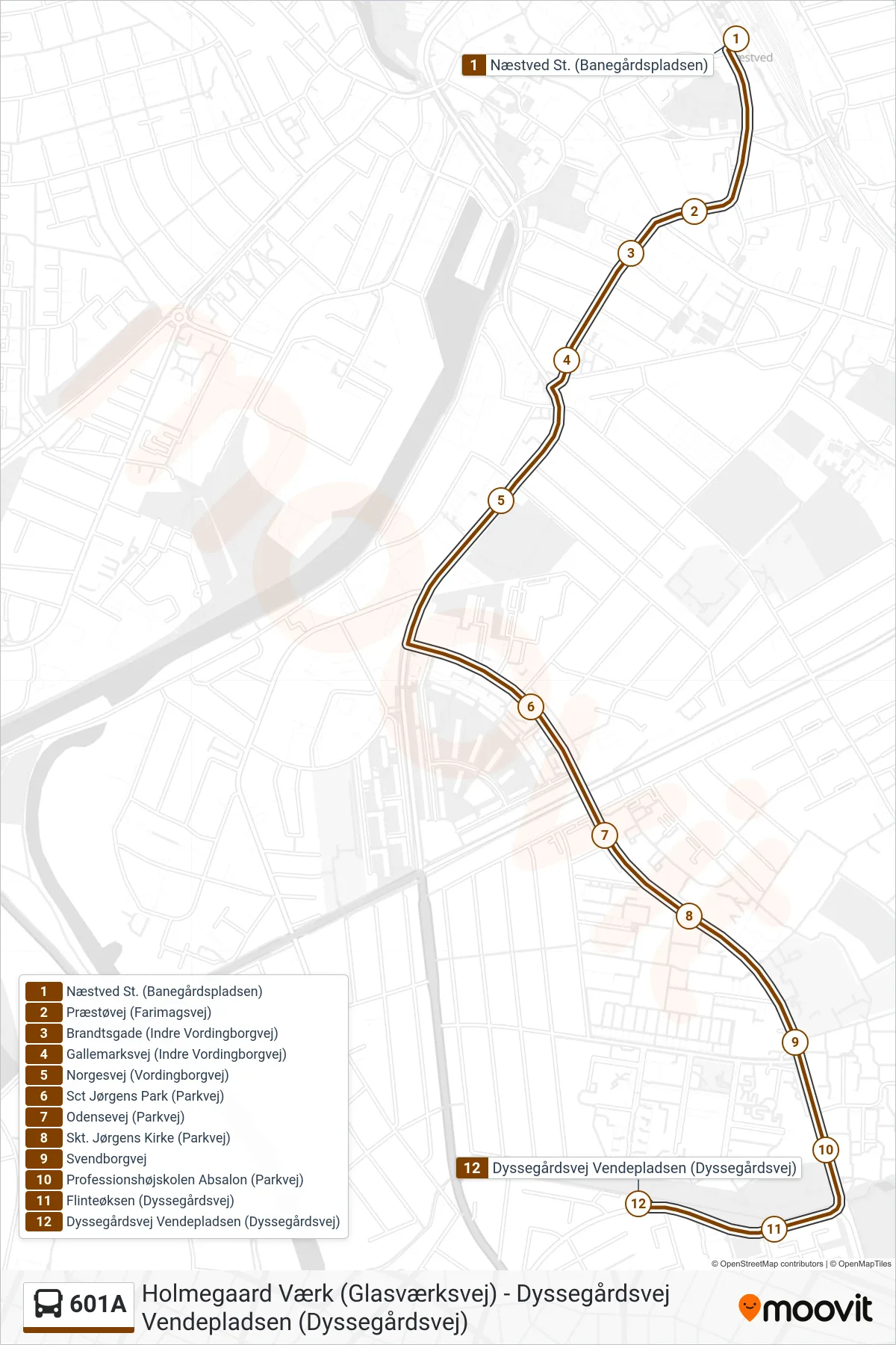 601A bus Linje (Dyssegårdsvej) rute og stop på et kort