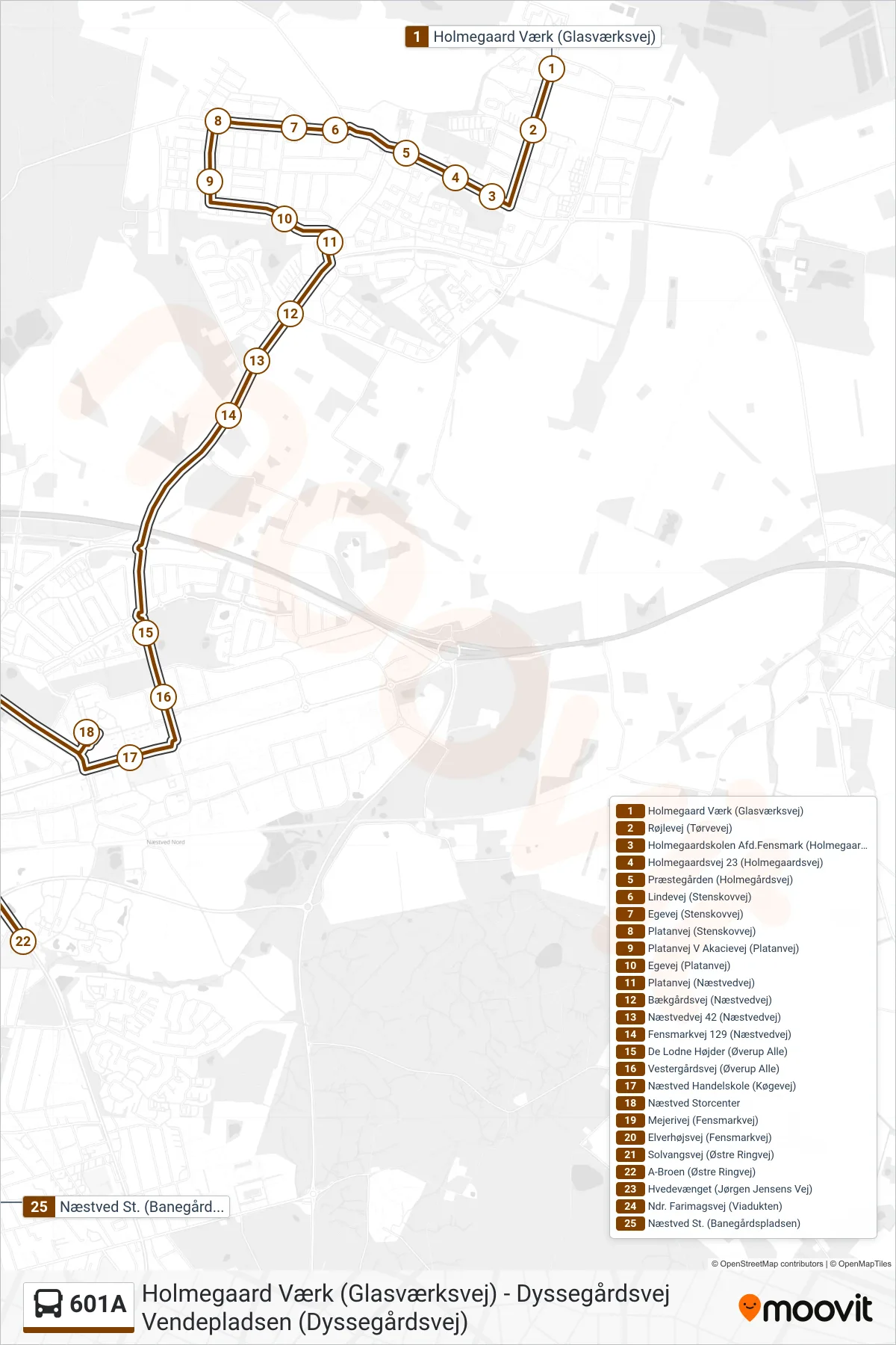 601A bus Linje (Næstved St.) rute og stop på et kort