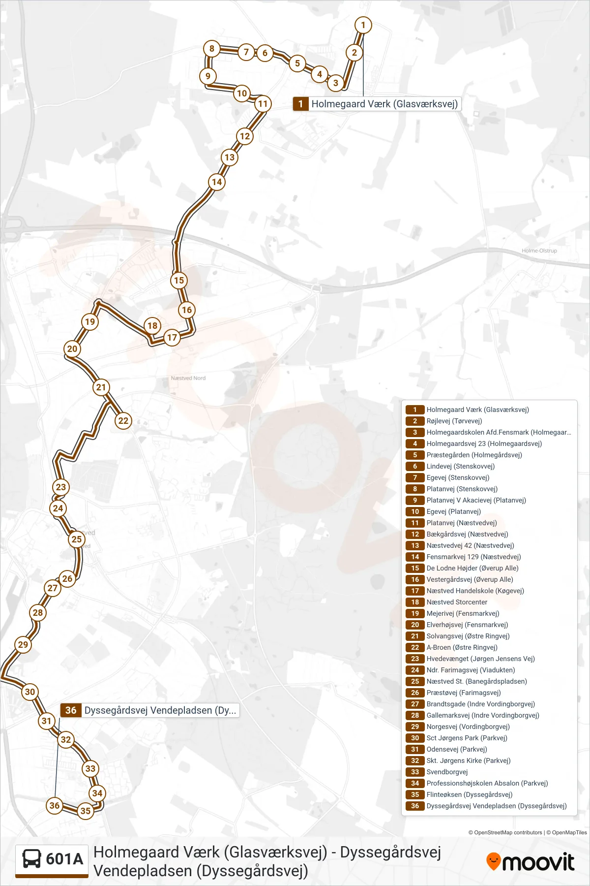 601A bus Linje (Dyssegårdsvej Vendepladsen (Dyssegårdsvej)) rute og stop på et kort