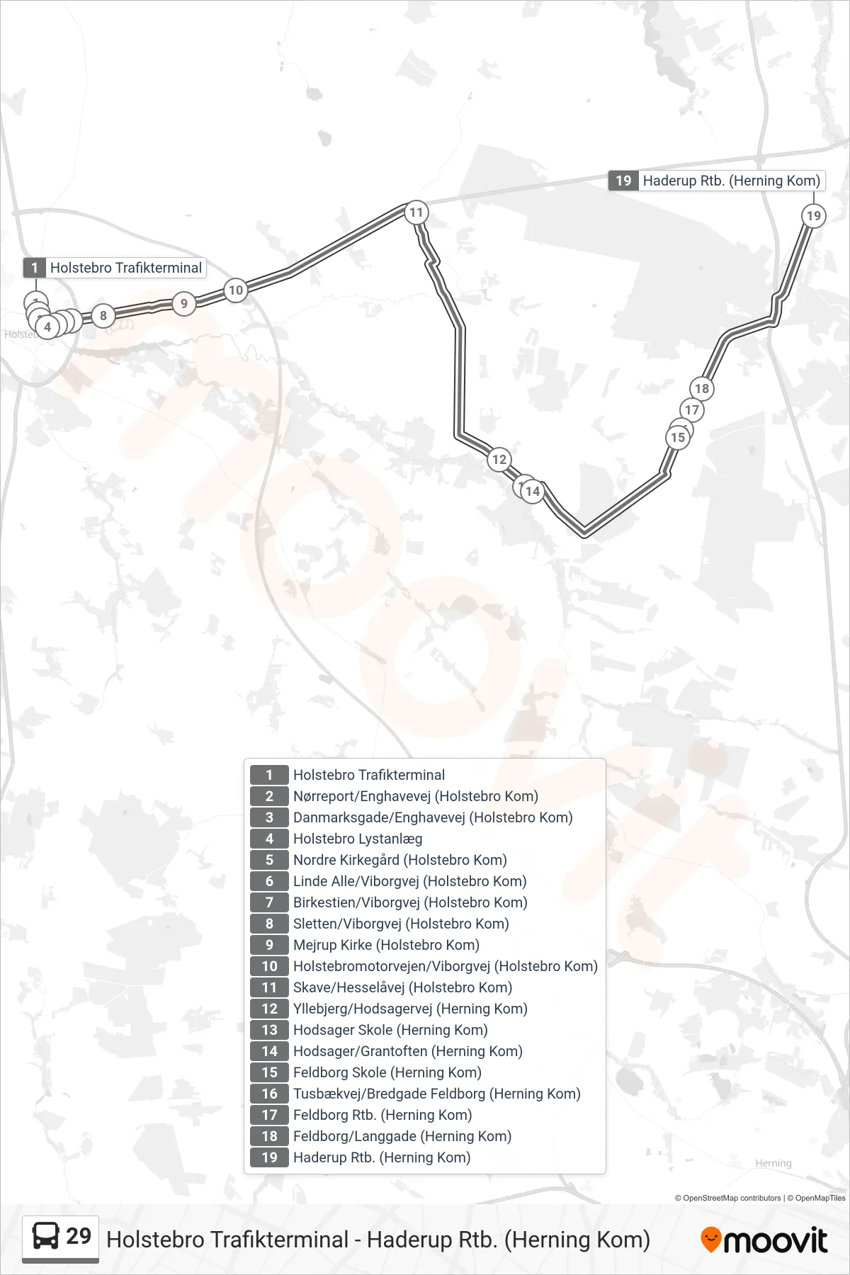 29 bus Linje (Haderup Rtb.) rute og stop på et kort