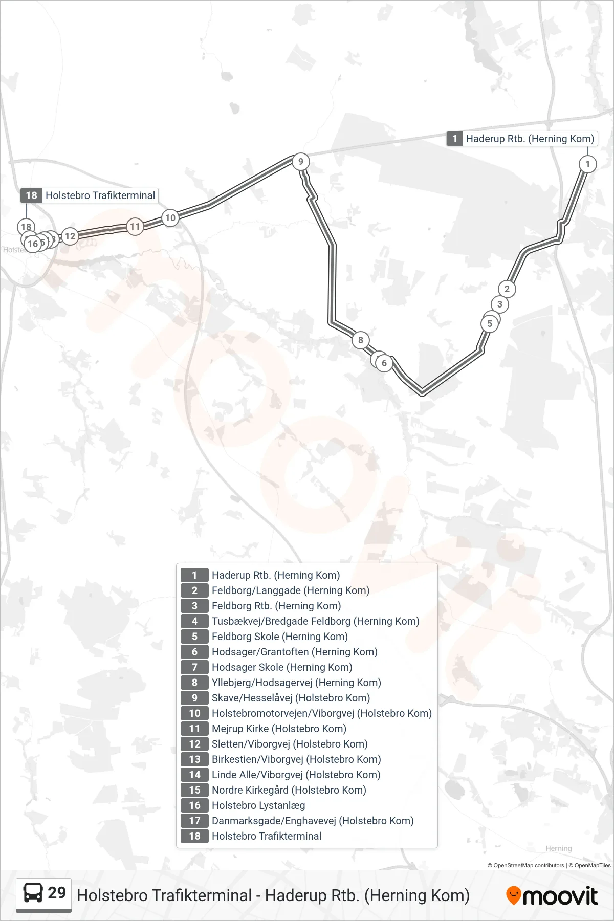 29 bus Linje (Holstebro Trafikterminal) rute og stop på et kort