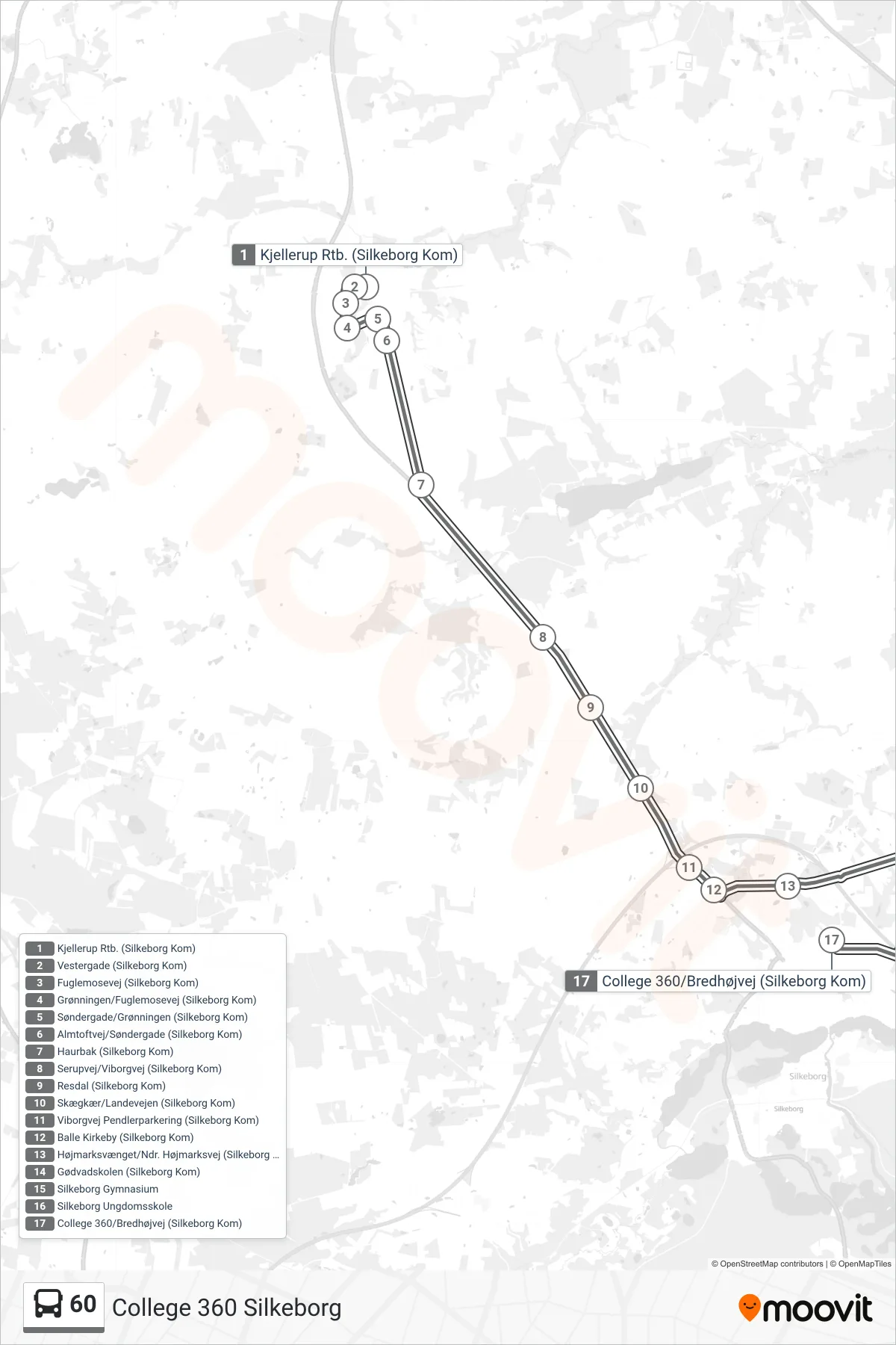 60 bus Line (College 360 Silkeborg) route and stops on a map