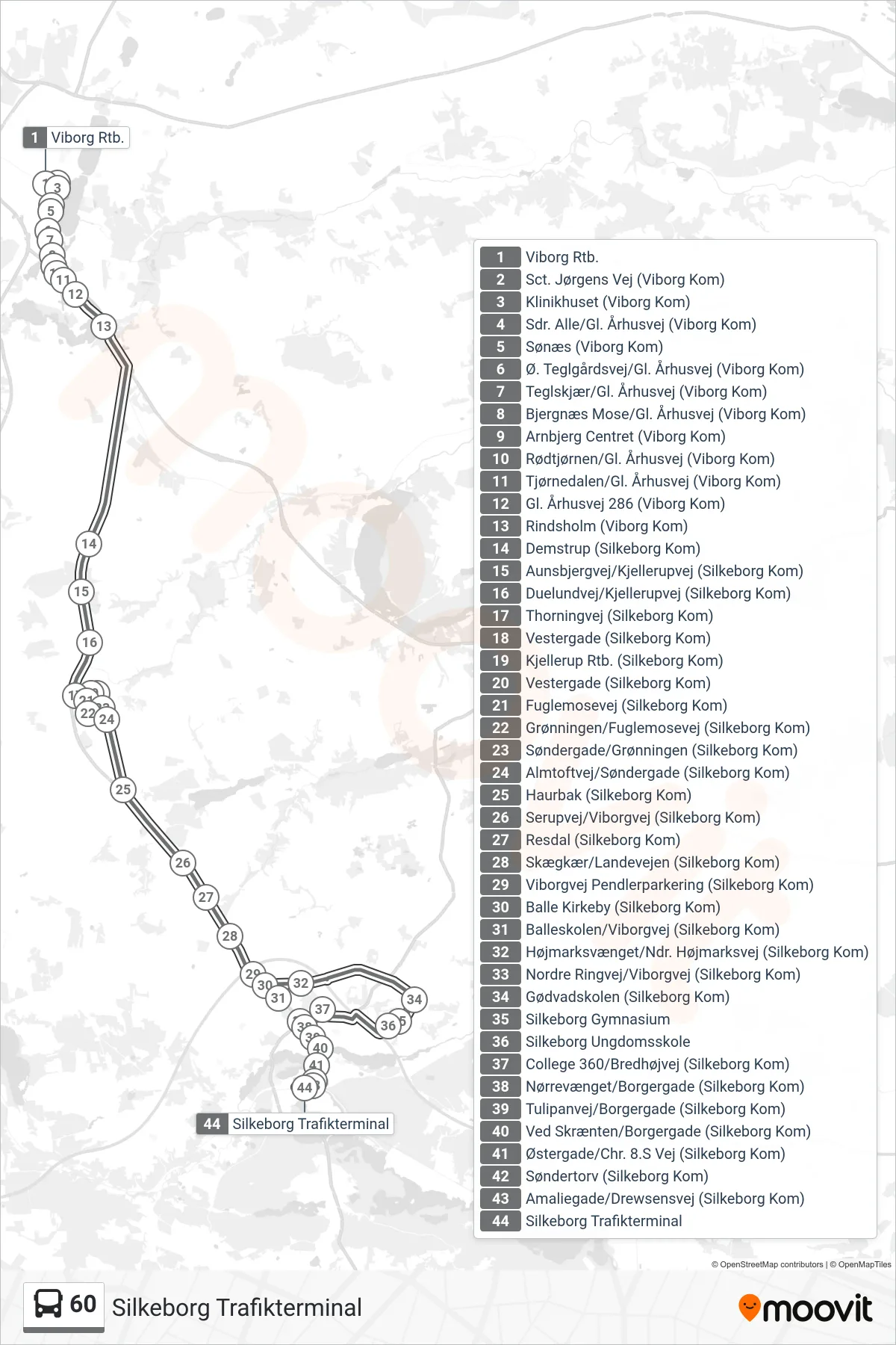 60 bus Linje (Silkeborg Trafikterminal) rute og stop på et kort