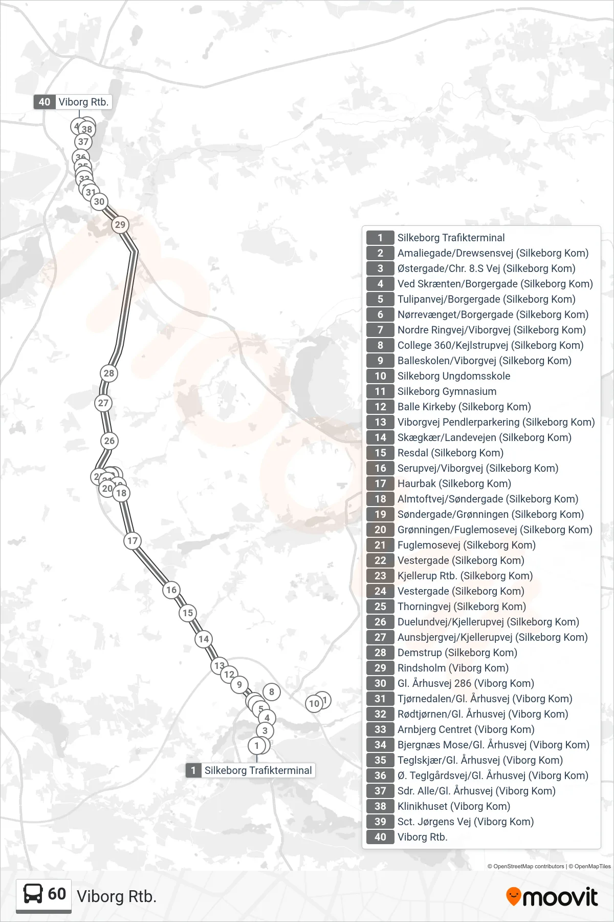 60 bus Linje (Viborg Rtb.) rute og stop på et kort