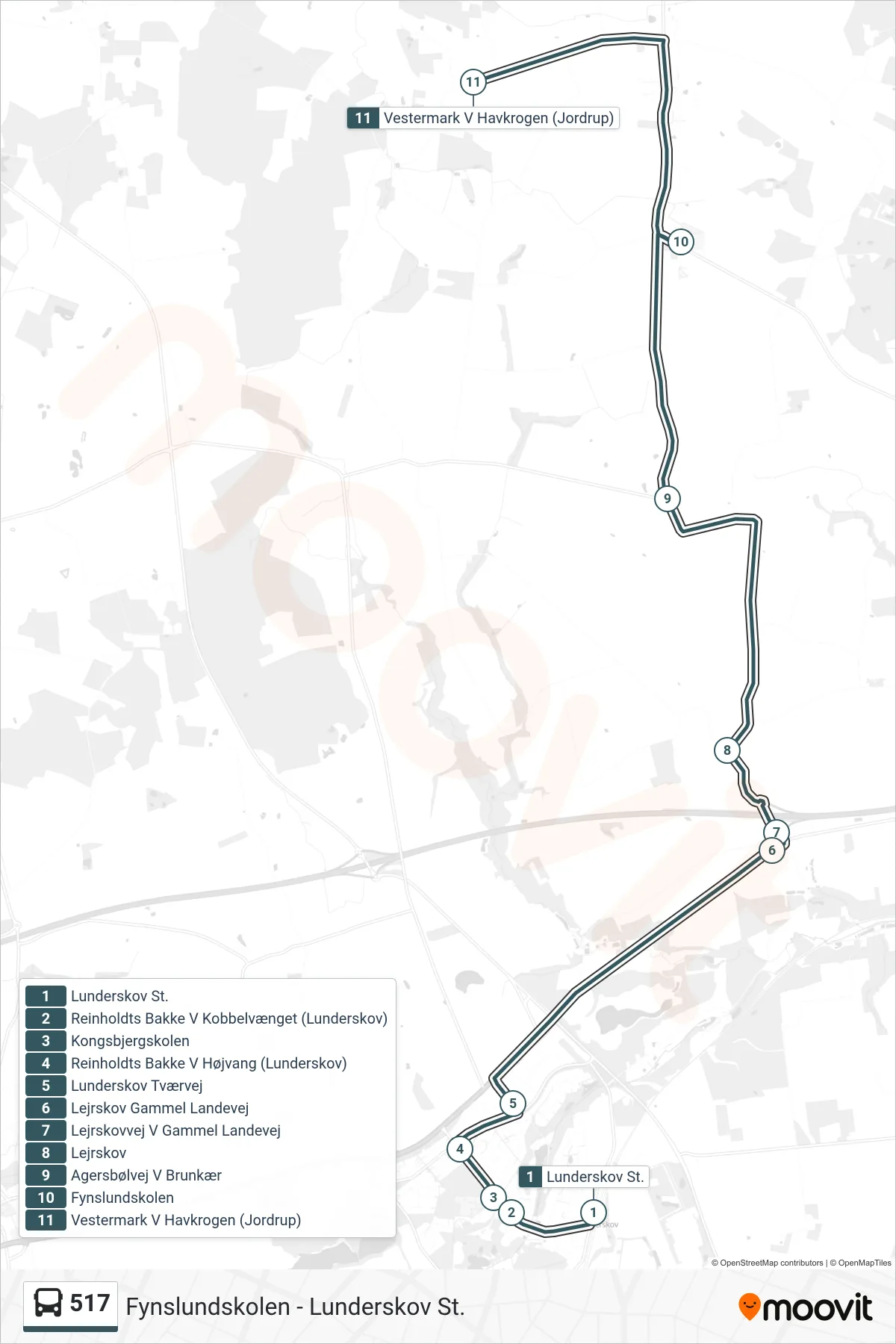517 bus Linje (Jordrup) rute og stop på et kort