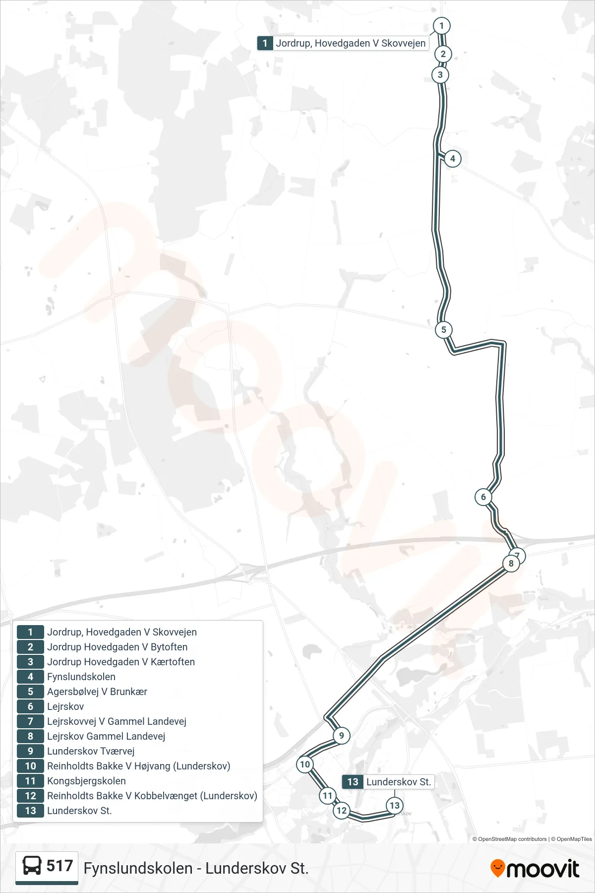 517 bus Linje (Lunderskov) rute og stop på et kort