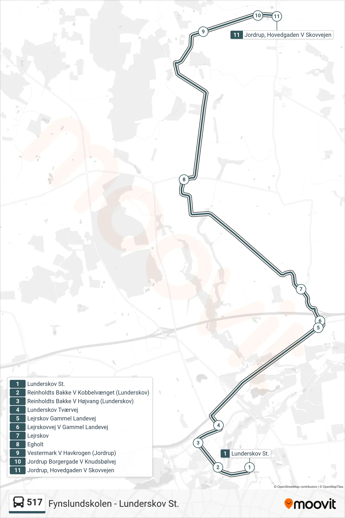 517 bus Linje (Jordrup Hovedgaden V Skovvejen) rute og stop på et kort