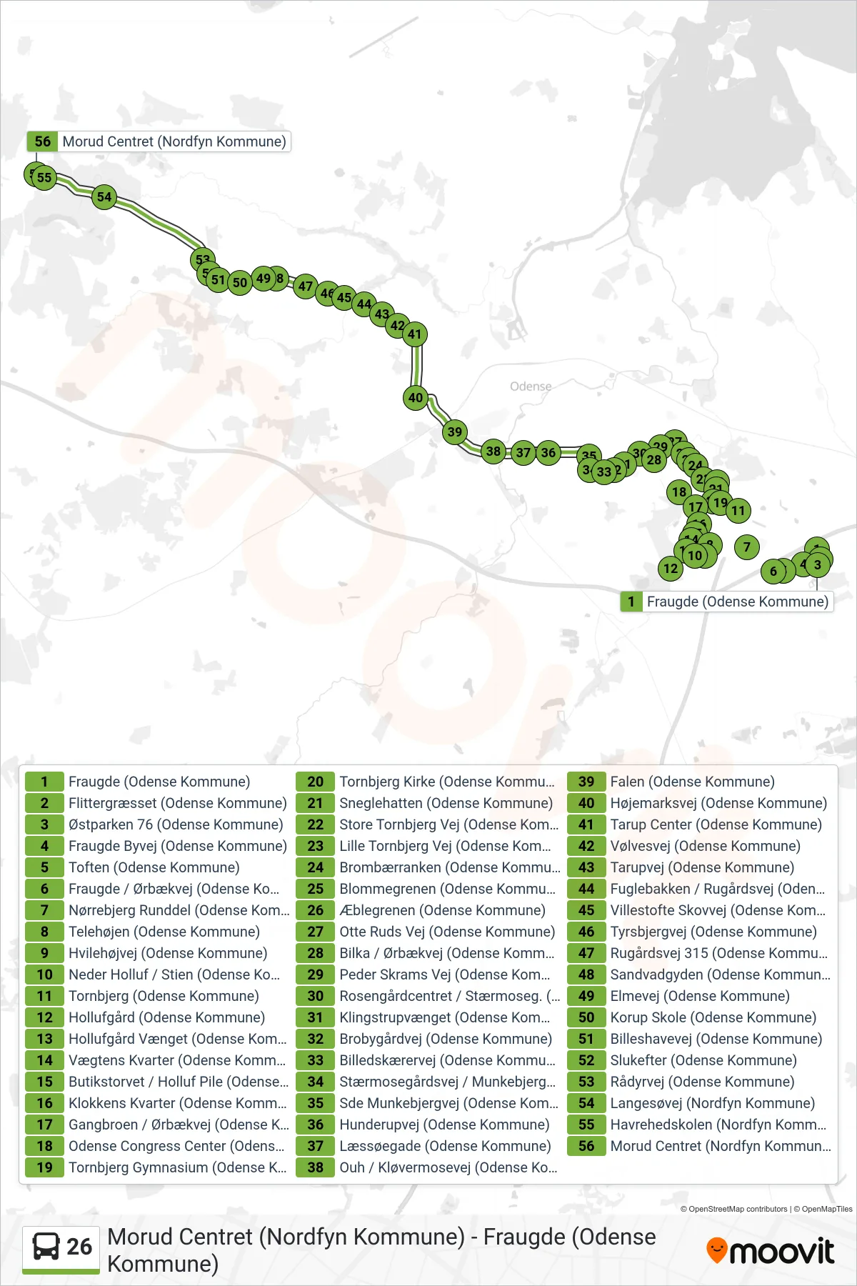 26 bus Linje (Morud) rute og stop på et kort