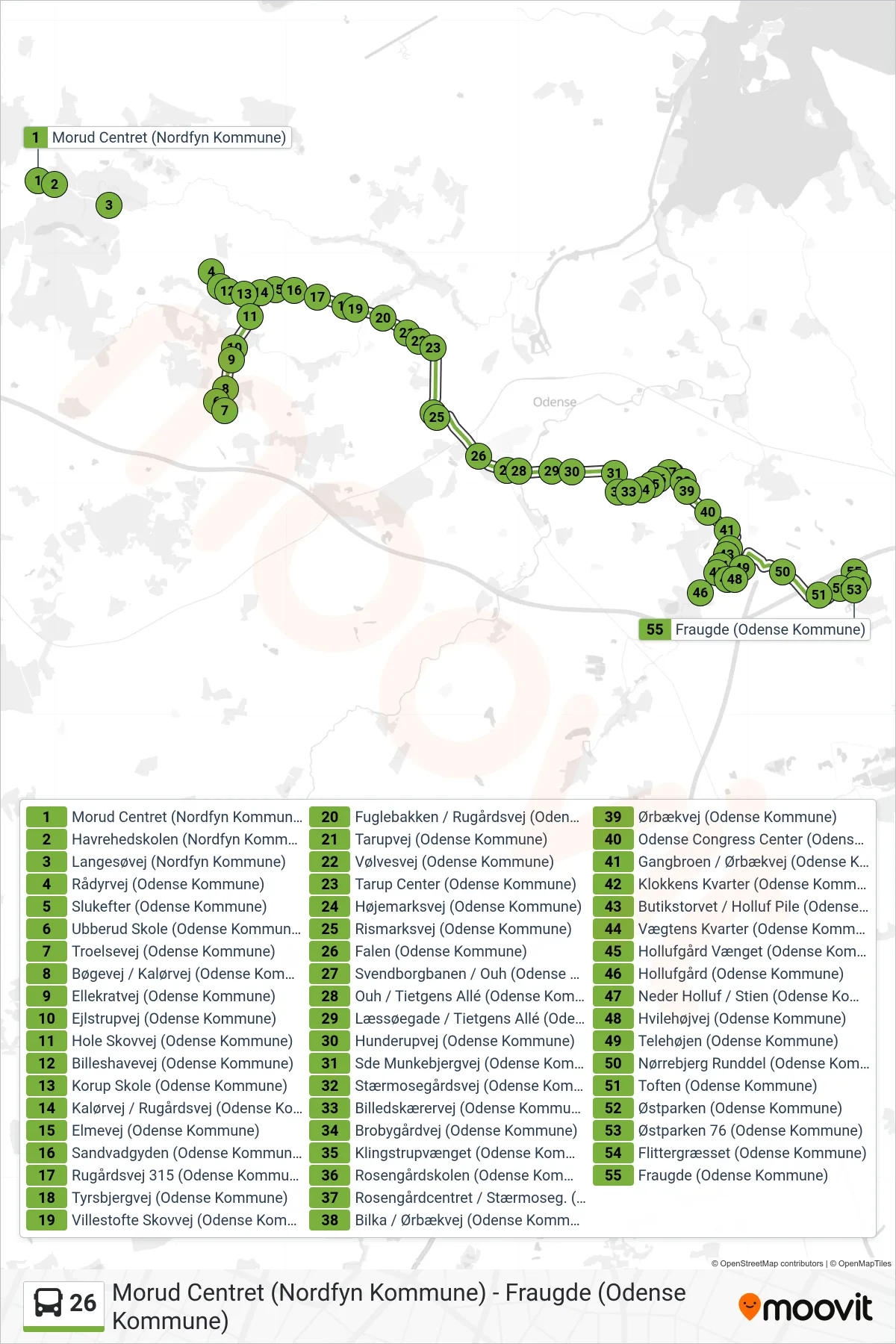26 bus Linje (Fraugde) rute og stop på et kort