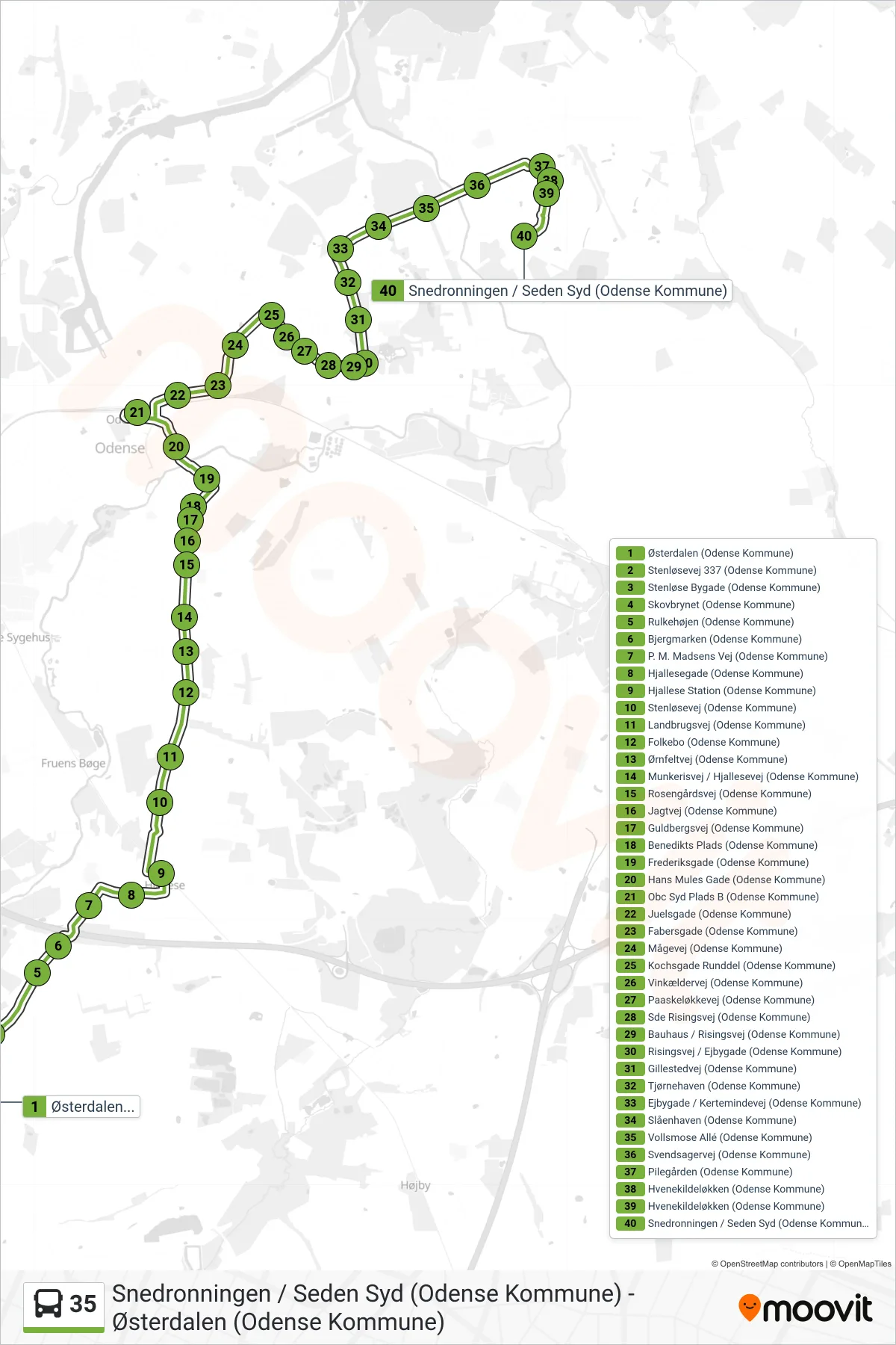 35 bus Linje (Seden Syd) rute og stop på et kort