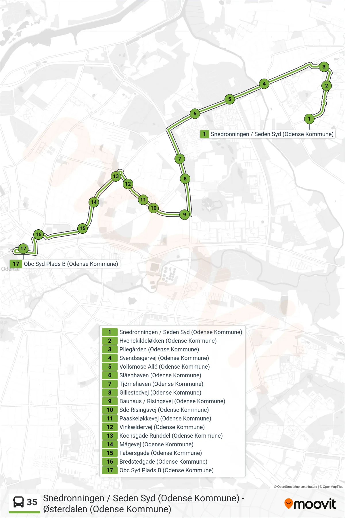 35 bus Linje (Obc Syd) rute og stop på et kort