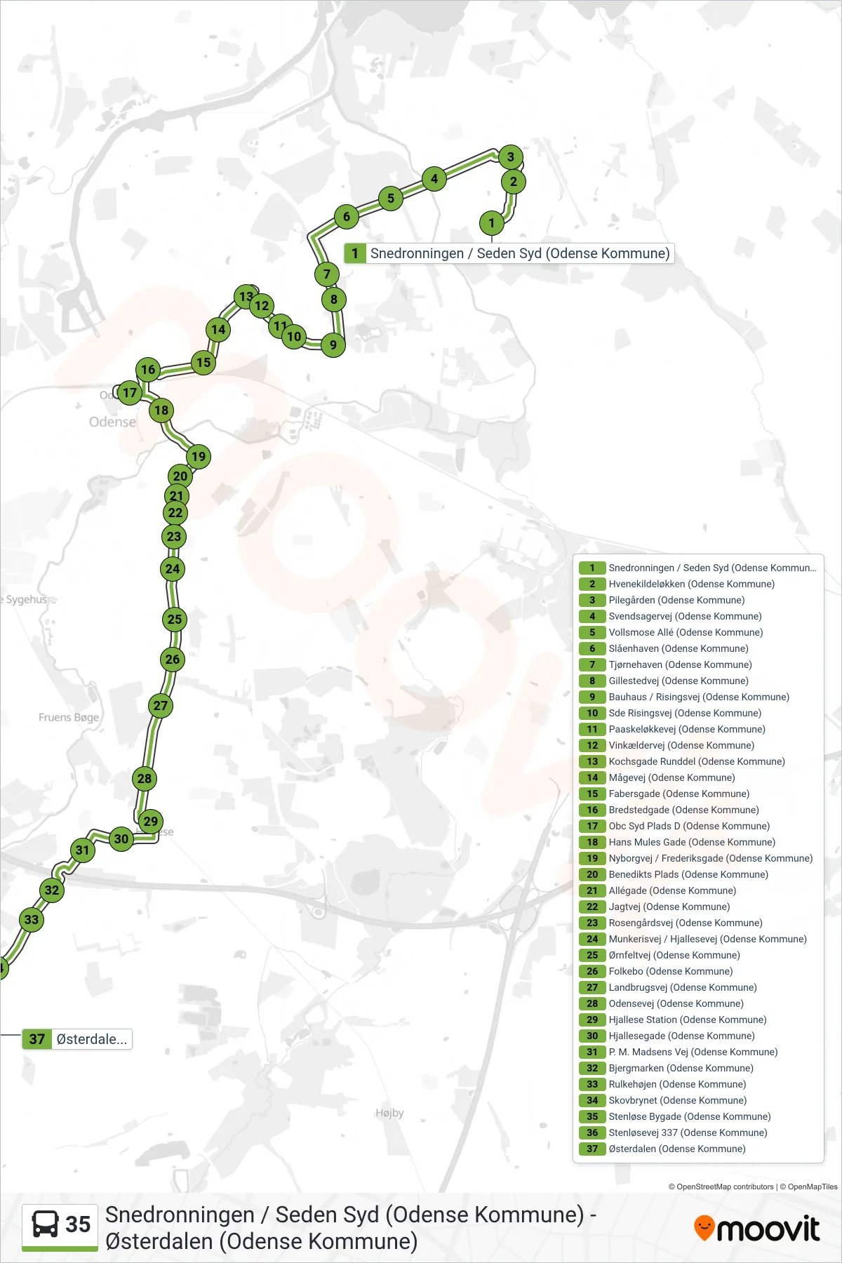 35 bus Line (Skt. Klemens) route and stops on a map