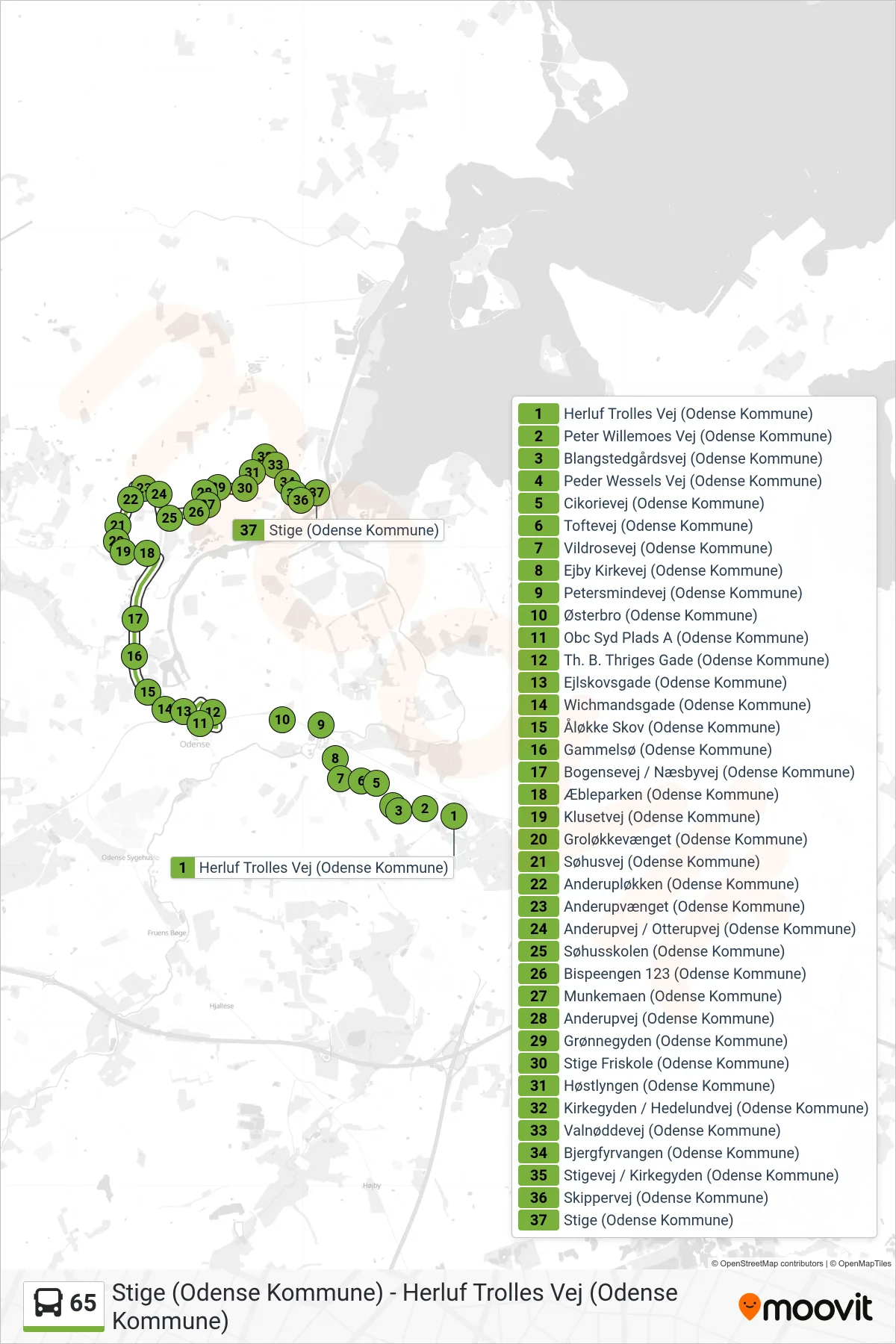 65 bus Linje (Stige) rute og stop på et kort