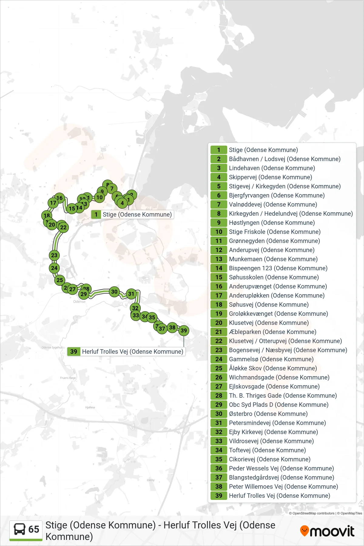 65 bus Linje (Herluf Trolles Vej) rute og stop på et kort