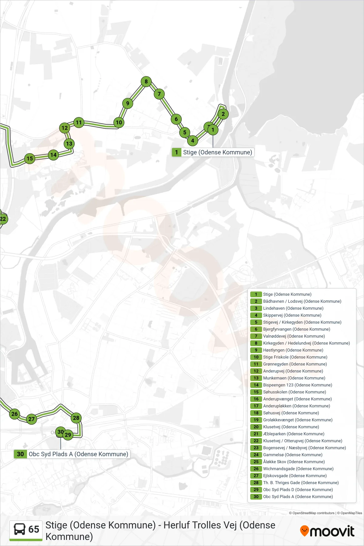 65 bus Linje (Obc Syd) rute og stop på et kort