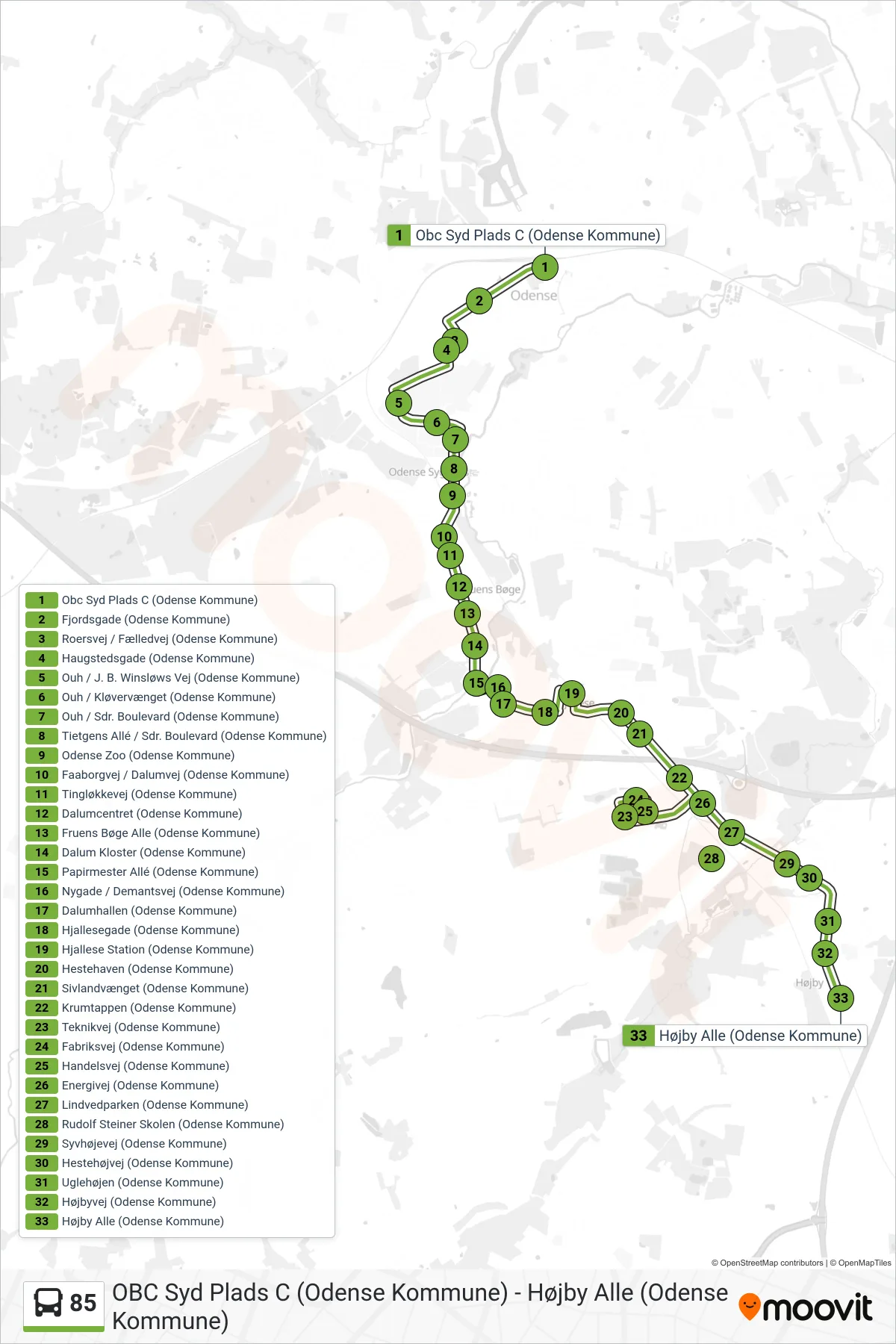 85 bus Linje (Højby) rute og stop på et kort