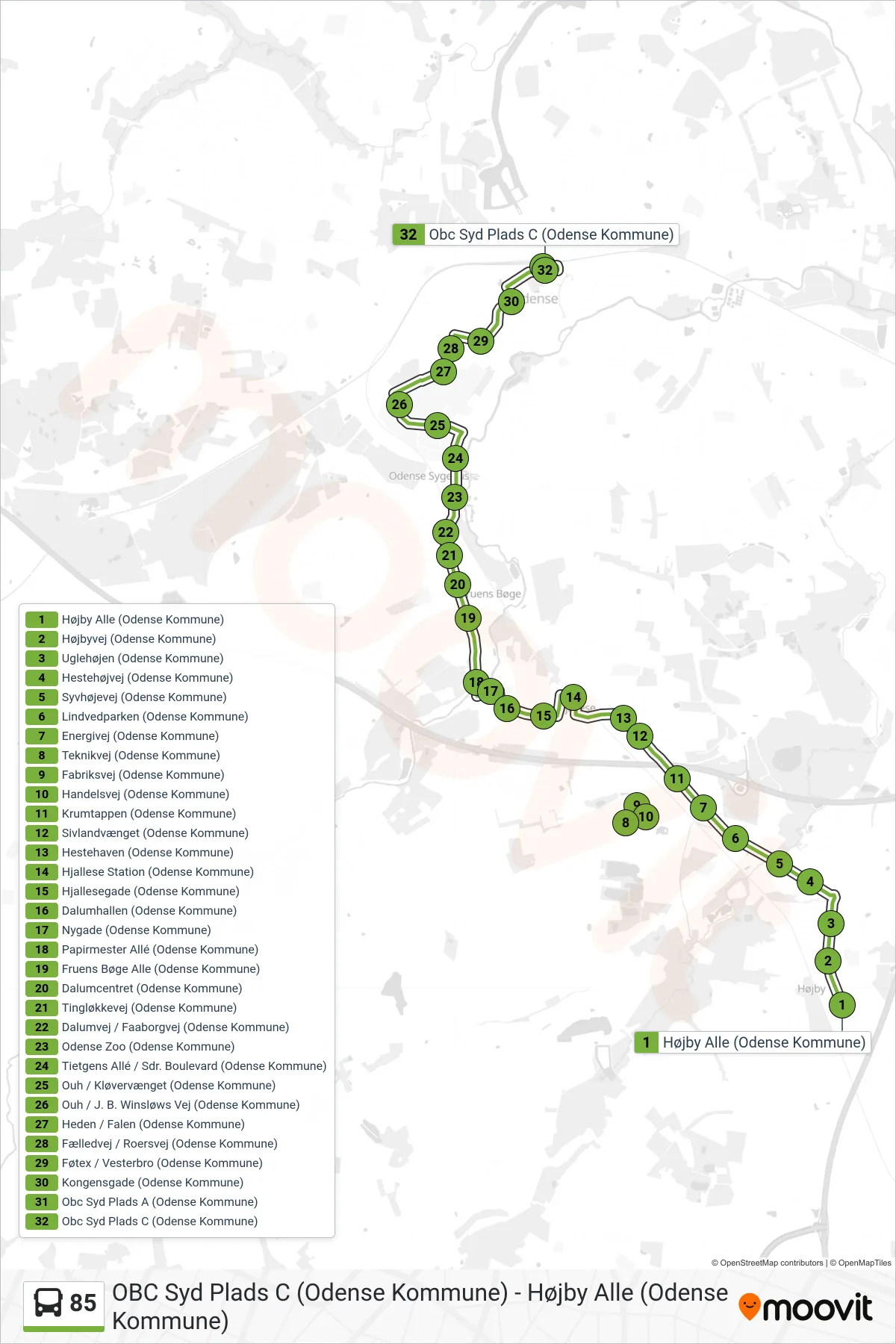85 bus Linje (Obc Syd) rute og stop på et kort