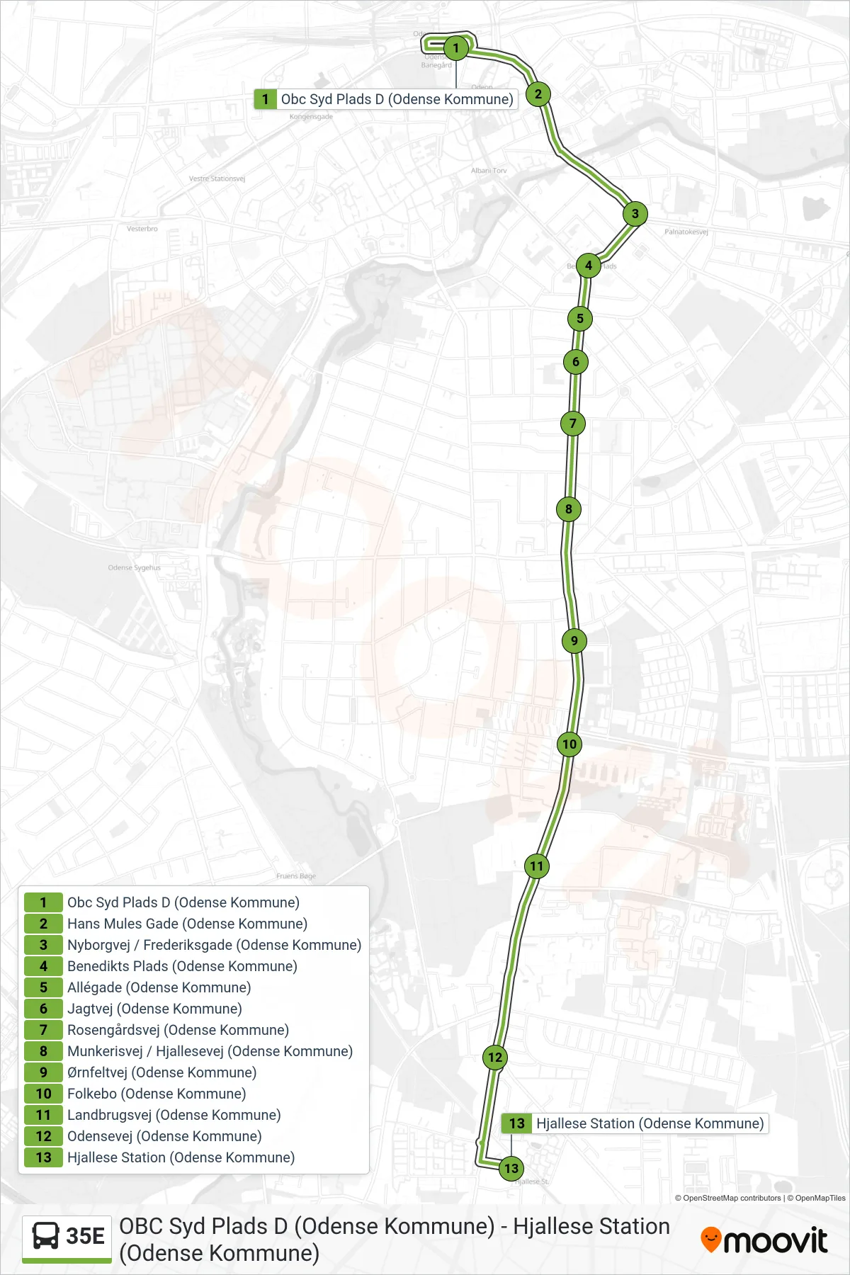 35E bus Linje (Hjallese Station) rute og stop på et kort