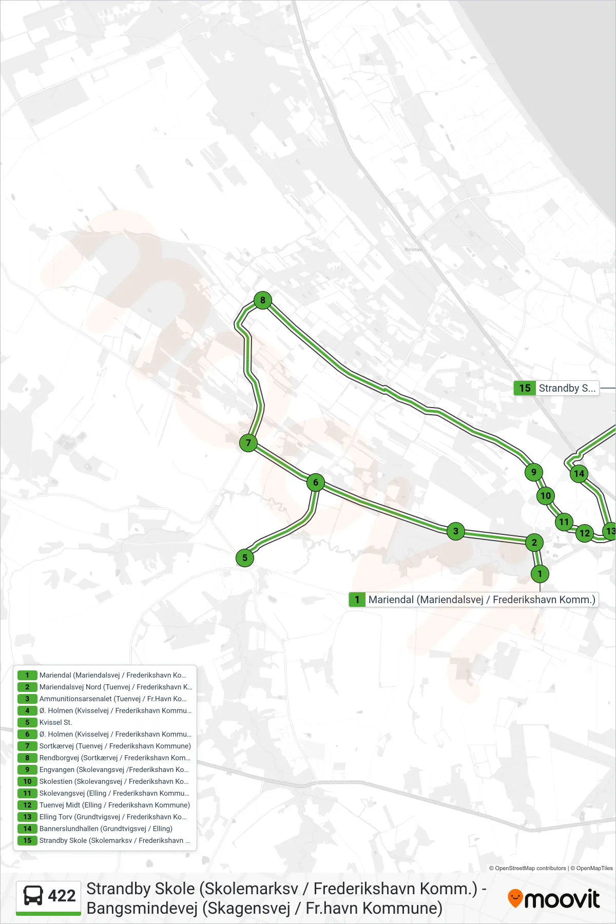 422 bus Linje (Strandby Skole (Skolemarksv / Frederikshavn Komm.)) rute og stop på et kort